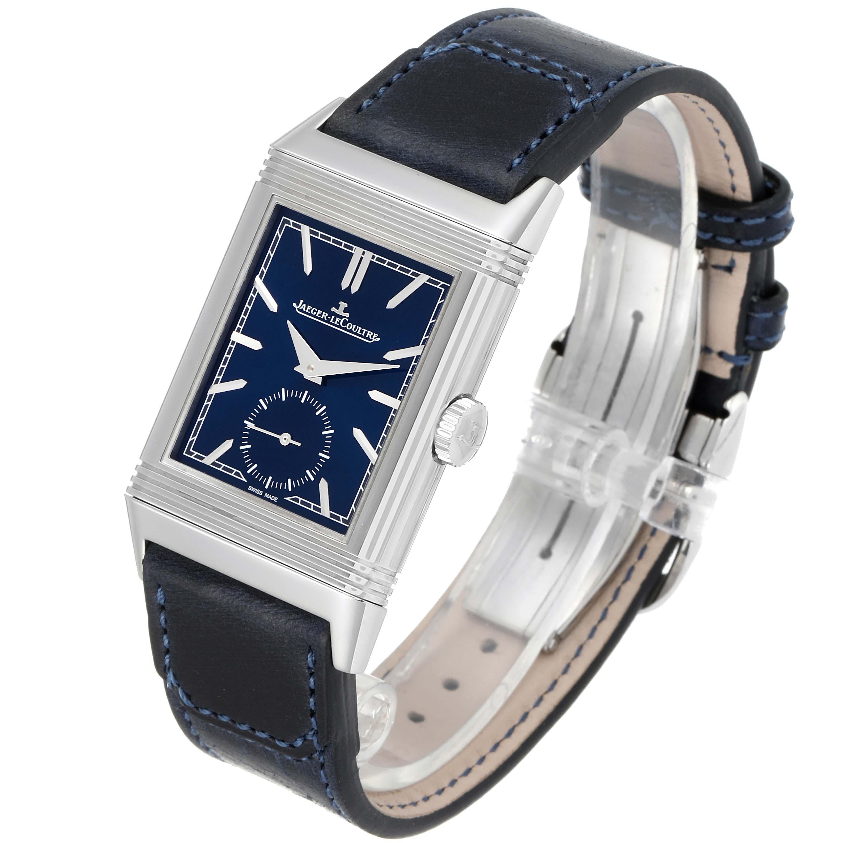 The image shows a Jaeger LeCoultre Reverso Q3978480 Men's Stainless Steel Blue Dial Q3978480 Men's Stainless Steel Blue Dial watch at an angle highlighting the dial, crown, and strap.