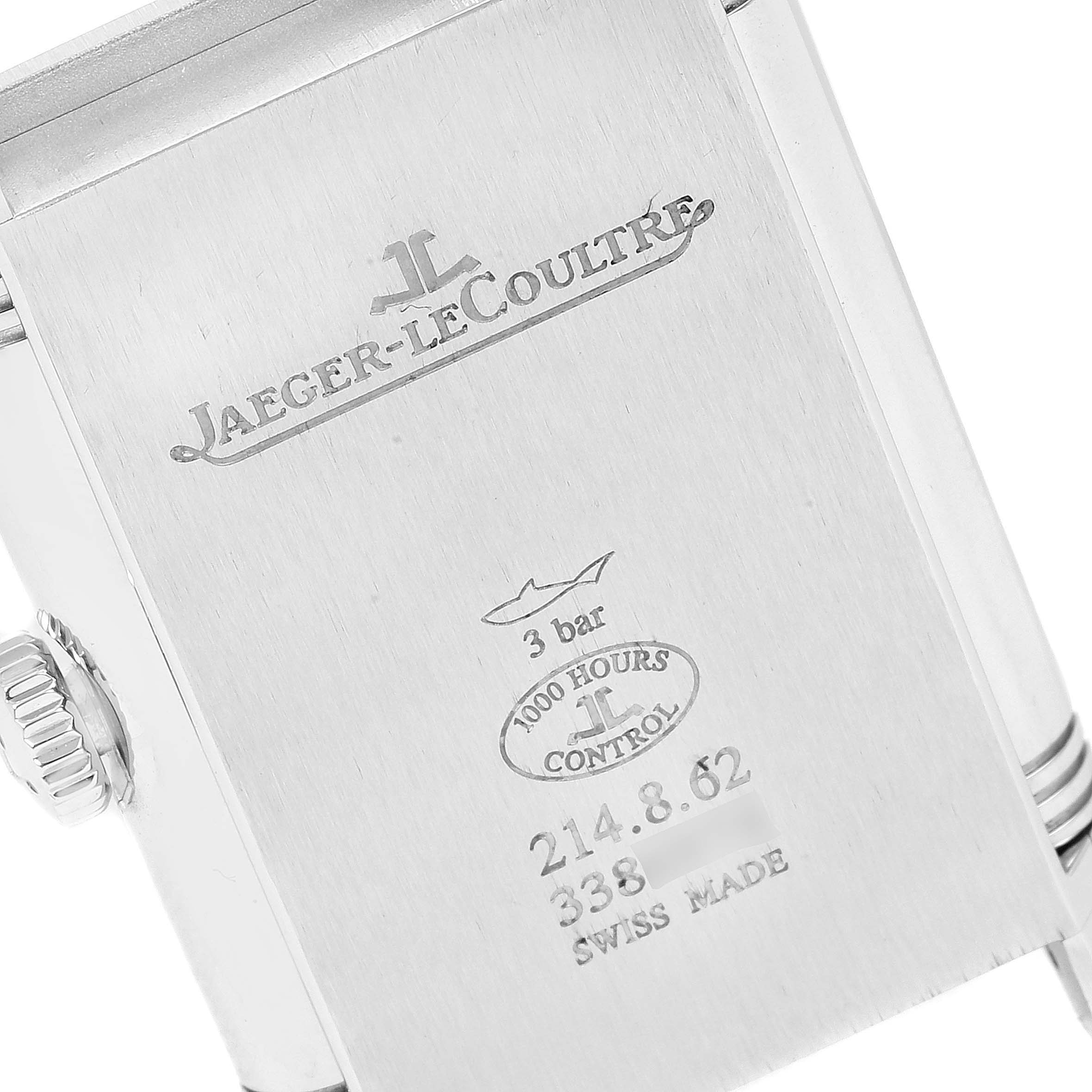 The image shows the back of a Jaeger LeCoultre Reverso Q3978480 Men's Stainless Steel Blue Dial Q3978480 Men's Stainless Steel Blue Dial watch case, including the brand logo, water resistance, and control marks.