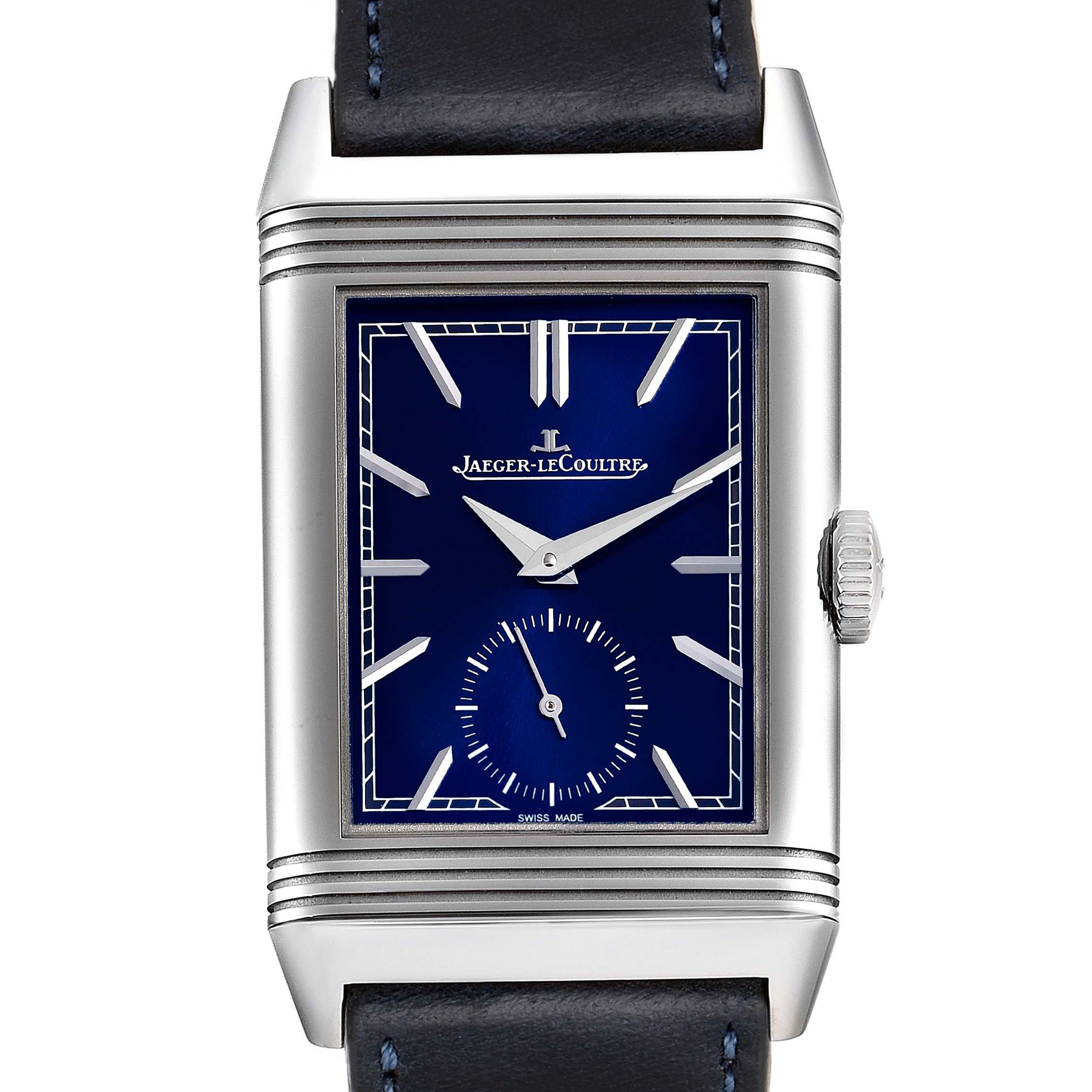 This image shows a front view of the Jaeger LeCoultre Reverso Q3978480 Men's Stainless Steel Blue Dial Q3978480 Men's Stainless Steel Blue Dial watch, highlighting its rectangular blue dial, silver indices, and crown.