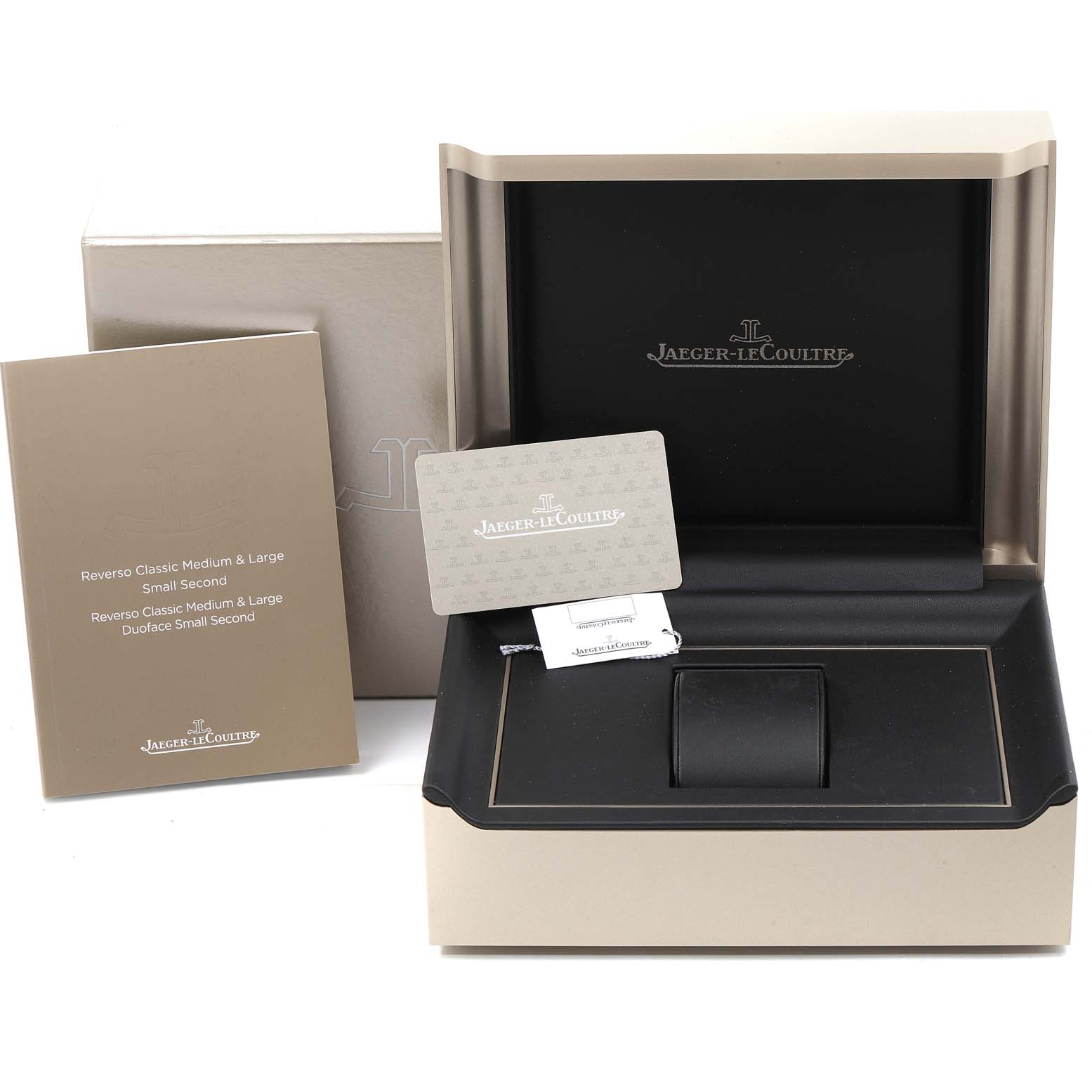 The image shows the box, manual, and a card for a Jaeger LeCoultre Reverso Q3978480 Men's Stainless Steel Blue Dial Q3978480 Men's Stainless Steel Blue Dial model watch from a front angle.