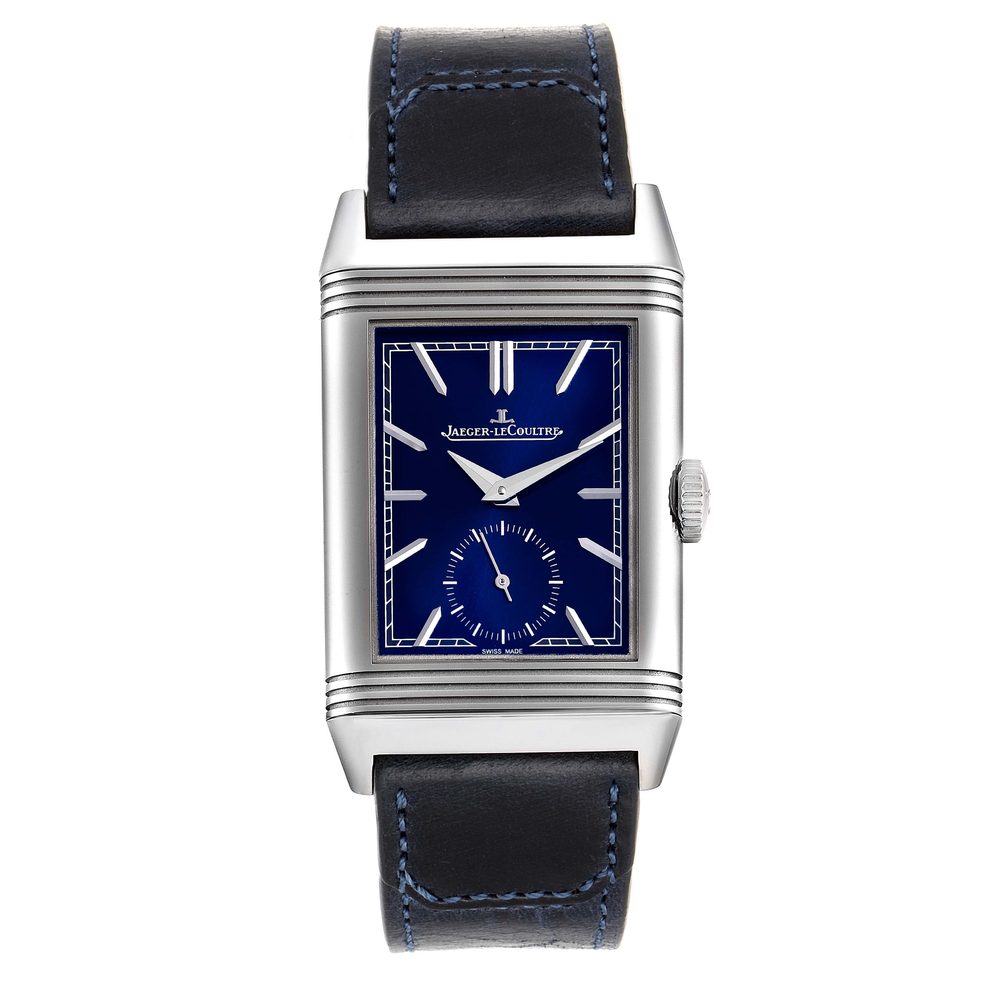 The image shows a front view of the Jaeger-LeCoultre Reverso watch, highlighting its rectangular case, dial, and leather strap.