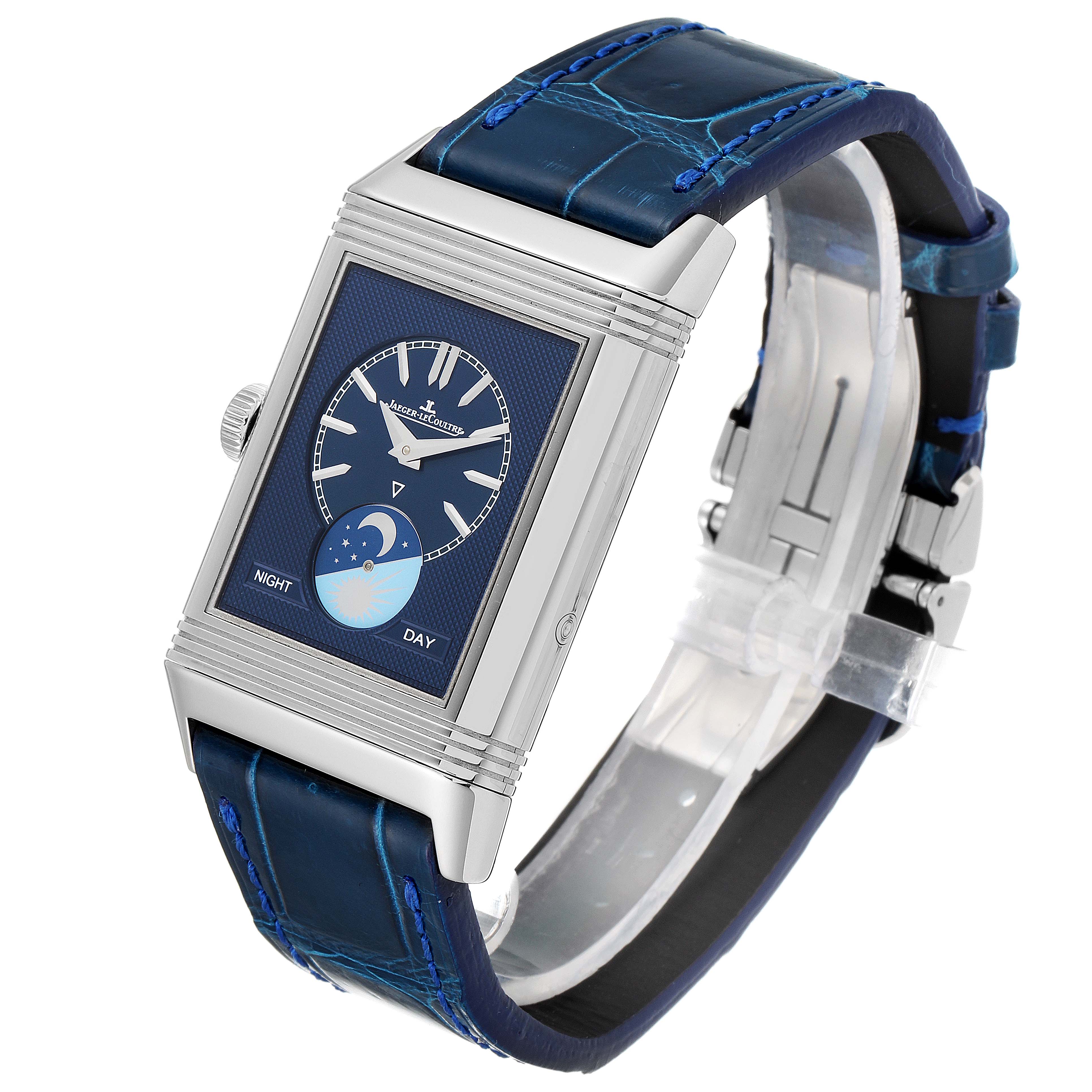 This Jaeger LeCoultre Reverso Q3958420 Men's Stainless Steel Blue Dial Q3958420 Men's Stainless Steel Blue Dial watch is shown at a slight angle, displaying the face, strap, side, and deployant buckle.