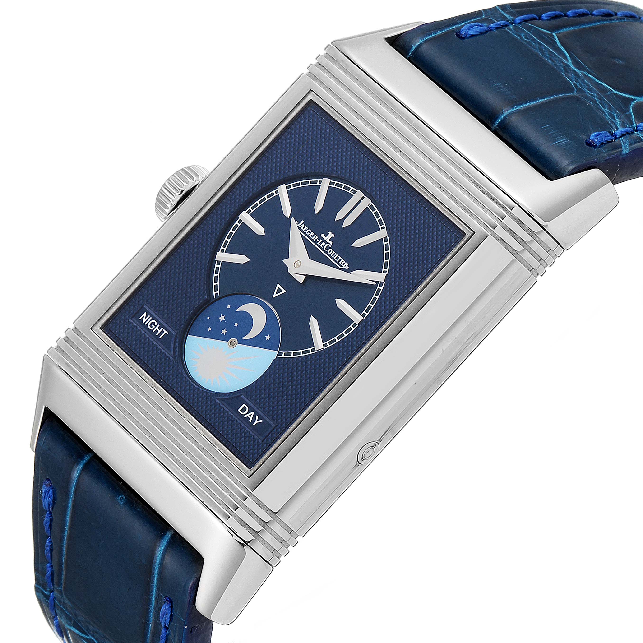 This image shows a tilted view of the Jaeger-LeCoultre Reverso watch, highlighting its dial, crown, and blue strap.