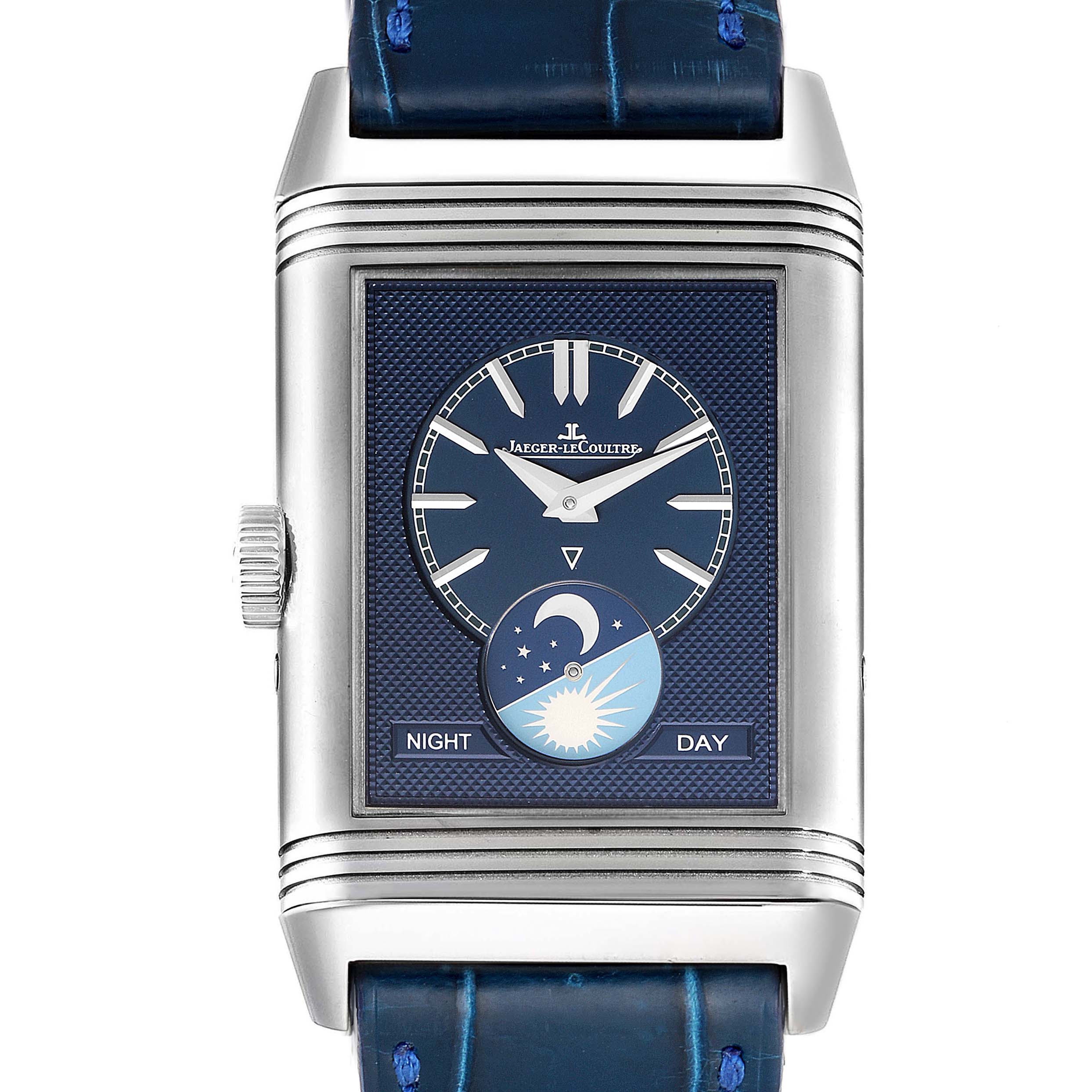 This image shows a front view of the Jaeger LeCoultre Reverso Q3958420 Men's Stainless Steel Blue Dial Q3958420 Men's Stainless Steel Blue Dial watch, highlighting its dial, hands, and night/day indicator.
