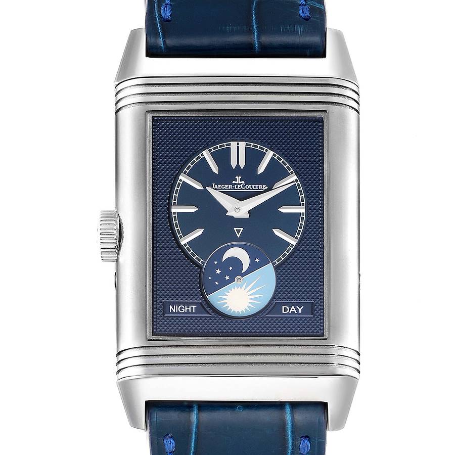 This image shows a front view of the Jaeger LeCoultre Reverso watch, highlighting its dial, hands, and night/day indicator.