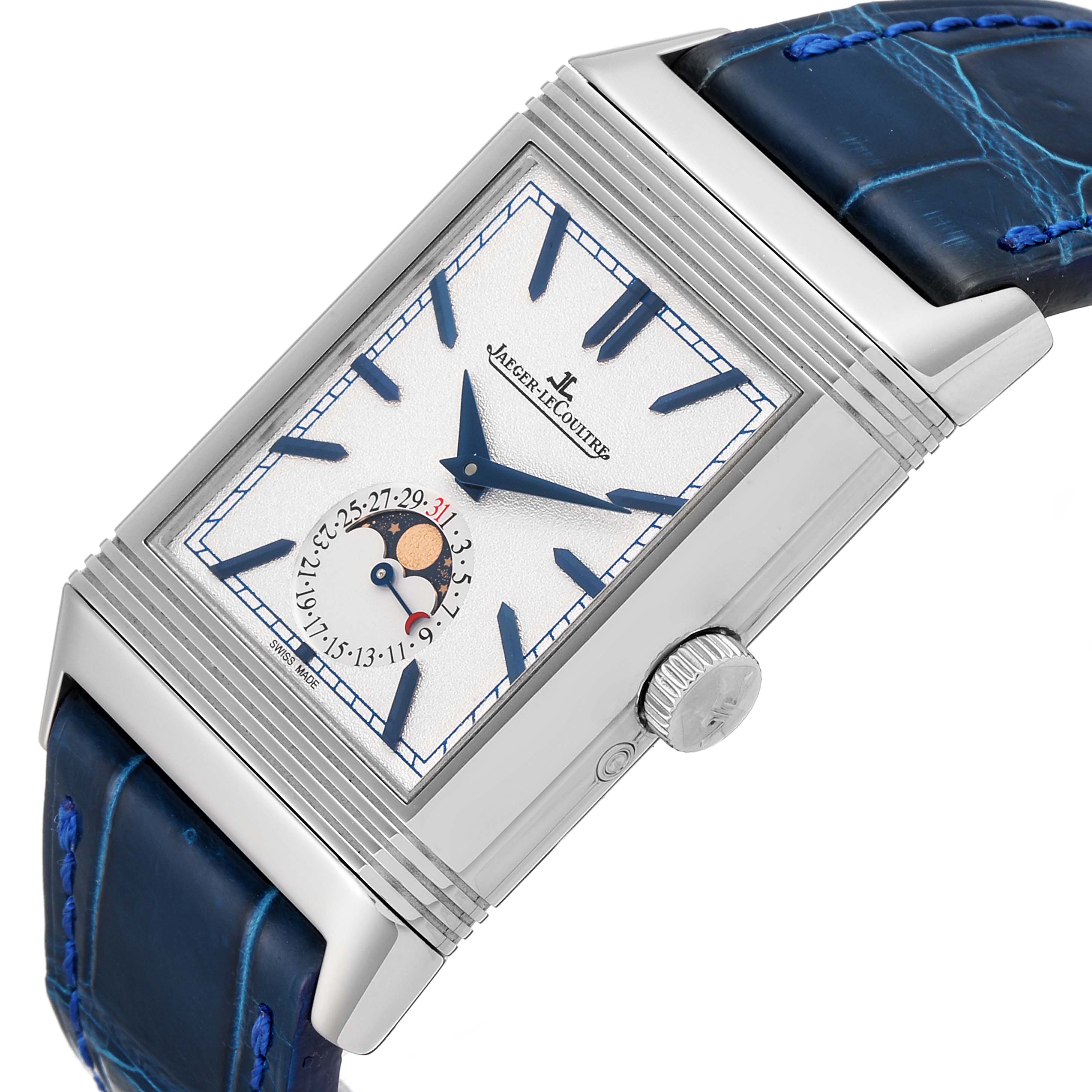 The image shows a Jaeger LeCoultre Reverso Q3958420 Men's Stainless Steel Blue Dial Q3958420 Men's Stainless Steel Blue Dial watch at a slight side angle, highlighting the dial, crown, and blue strap.