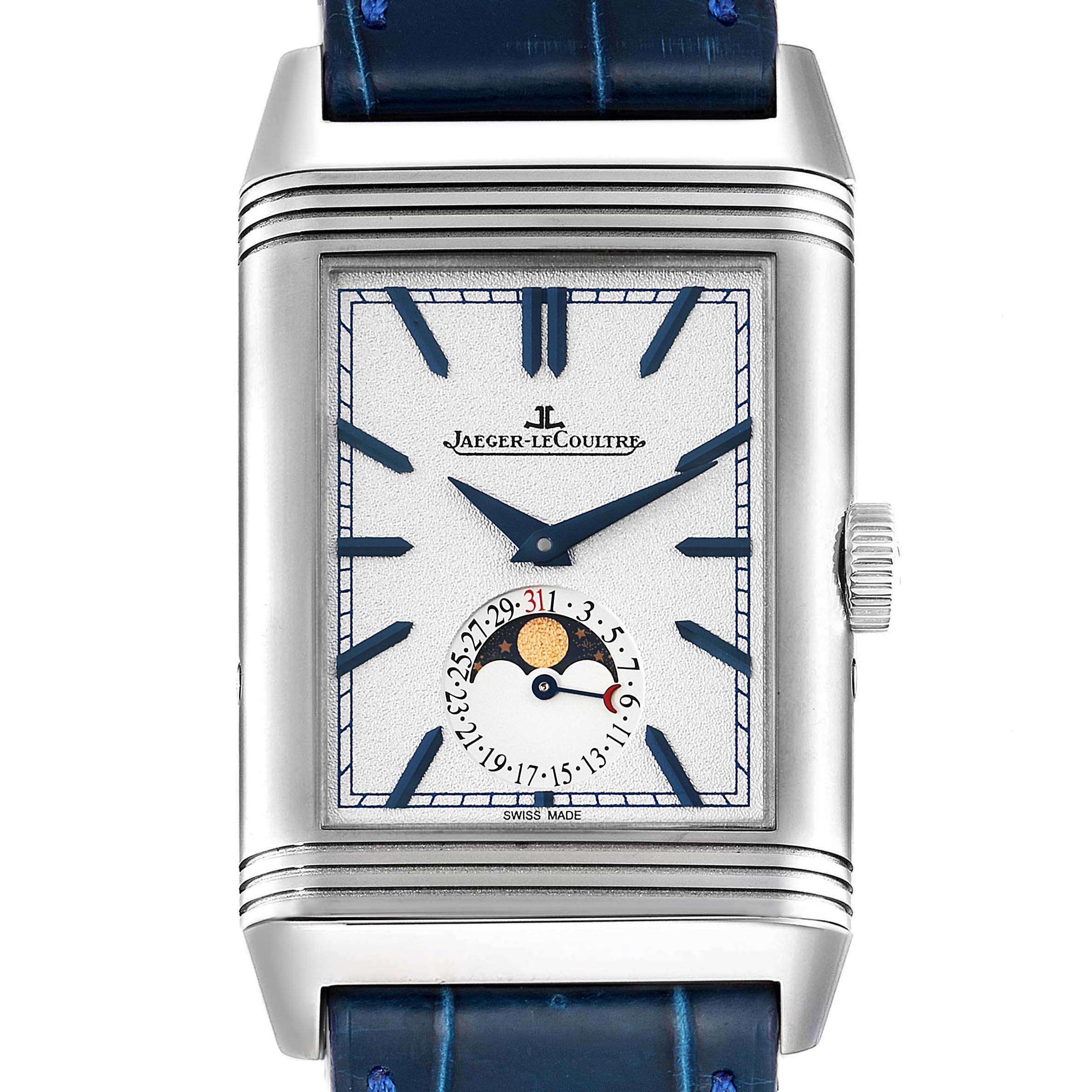 This is a front view of a Jaeger-LeCoultre Reverso watch, showing the dial, hands, date display, and moon phase indicator.