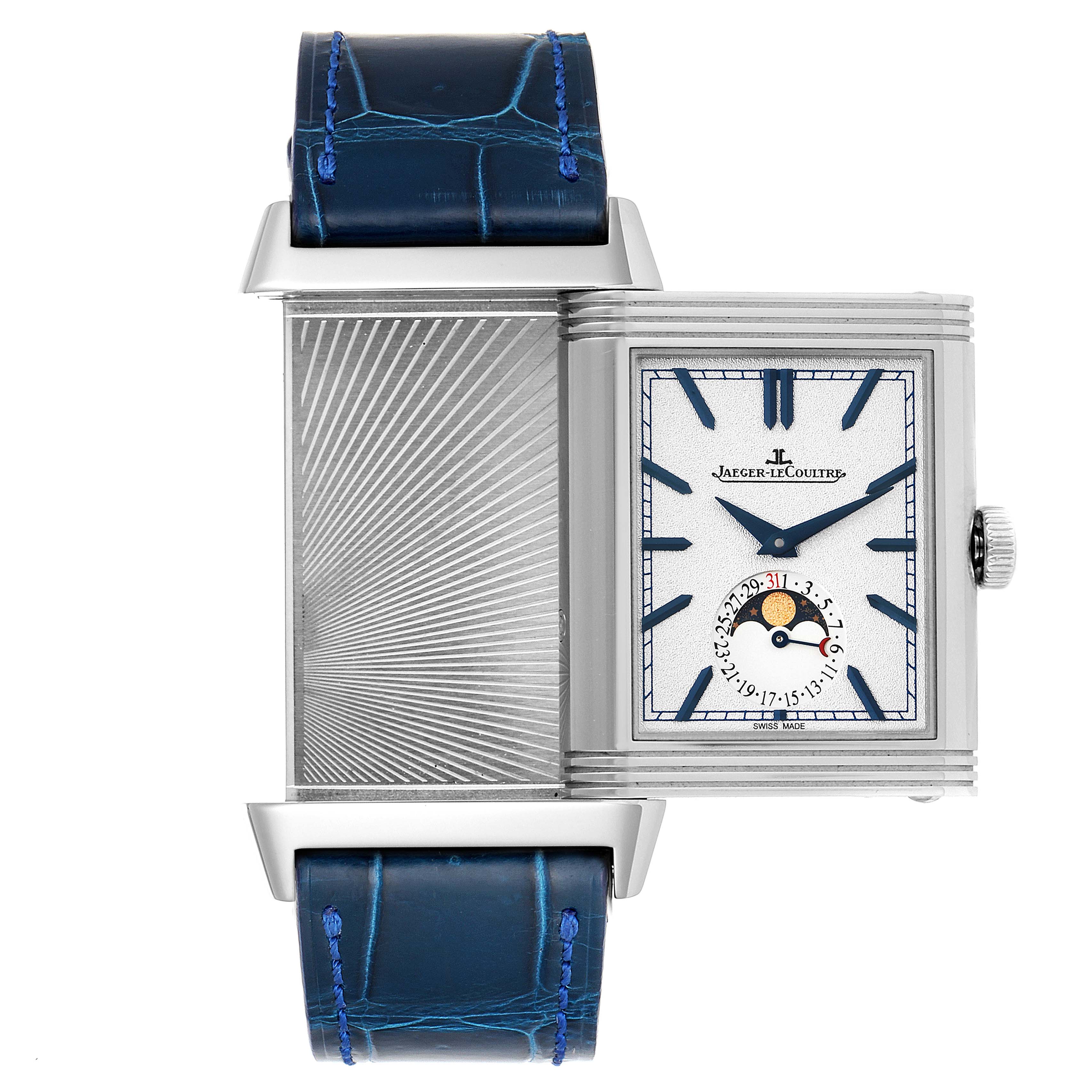 This image shows the Jaeger-LeCoultre Reverso watch with the case partially flipped to reveal the back and dial.