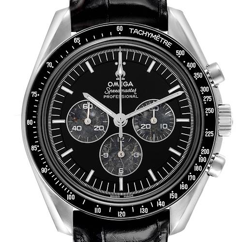 The Omega Speedmaster is shown from the front, displaying the tachymeter bezel, black dial, and subdials.