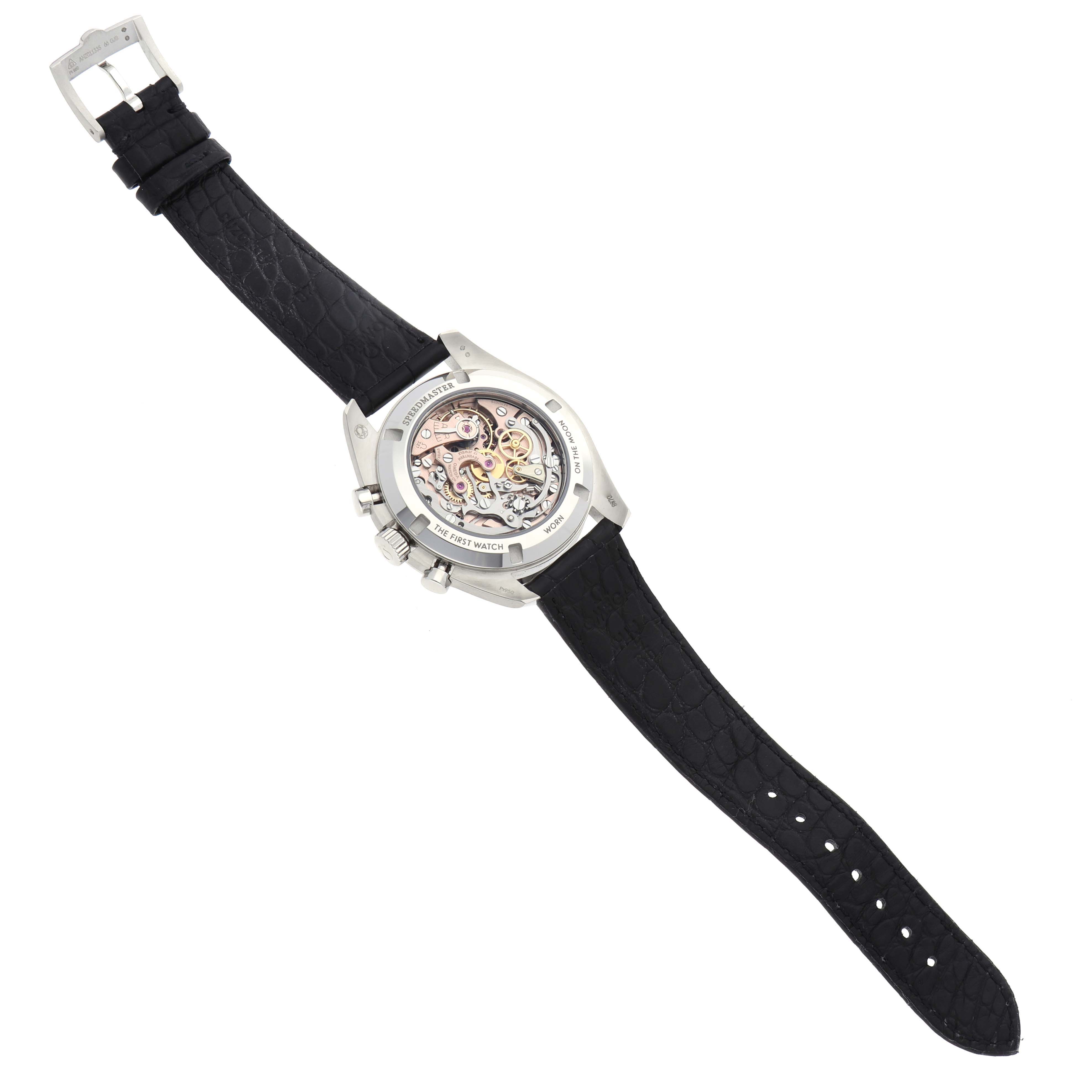 The Omega Speedmaster 311.93.42.30.99.001 Men's Platinum Black Dial 311.93.42.30.99.001 Men's Platinum Black Dial watch is shown from the back, displaying its intricate movement and black strap.