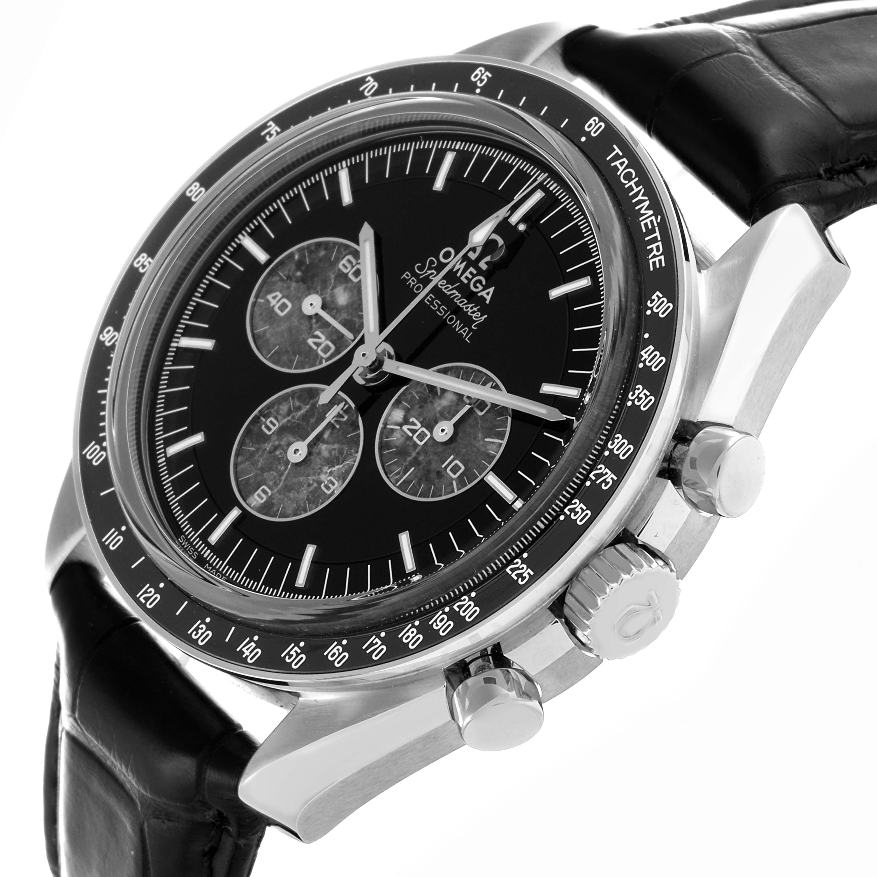 The Omega Speedmaster 311.93.42.30.99.001 Men's Platinum Black Dial 311.93.42.30.99.001 Men's Platinum Black Dial watch is shown at an angle highlighting the dial, tachymetric bezel, crown, and pushers.