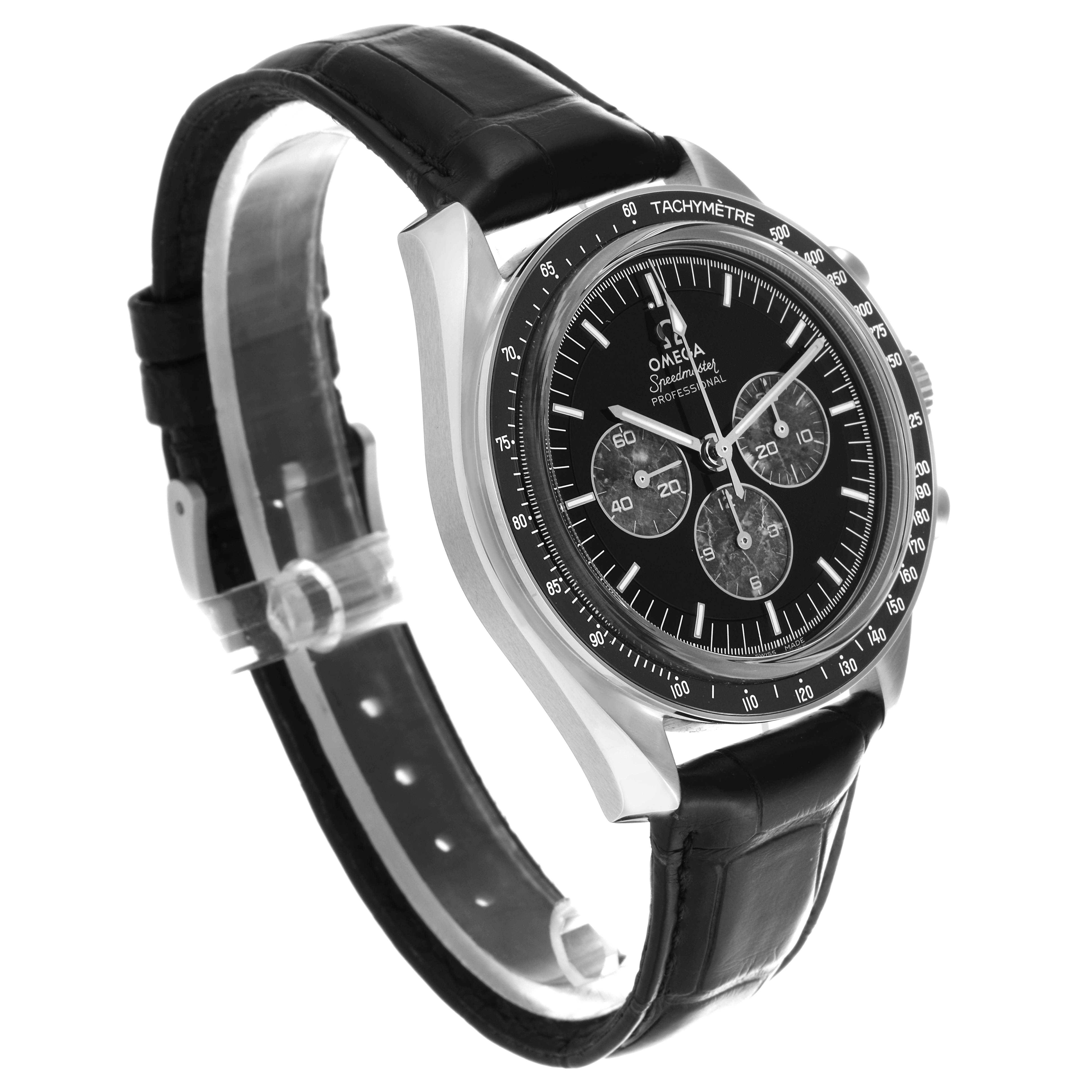 The Omega Speedmaster 311.93.42.30.99.001 Men's Platinum Black Dial 311.93.42.30.99.001 Men's Platinum Black Dial is shown at a three-quarter angle, highlighting the face, tachymeter bezel, and leather strap.