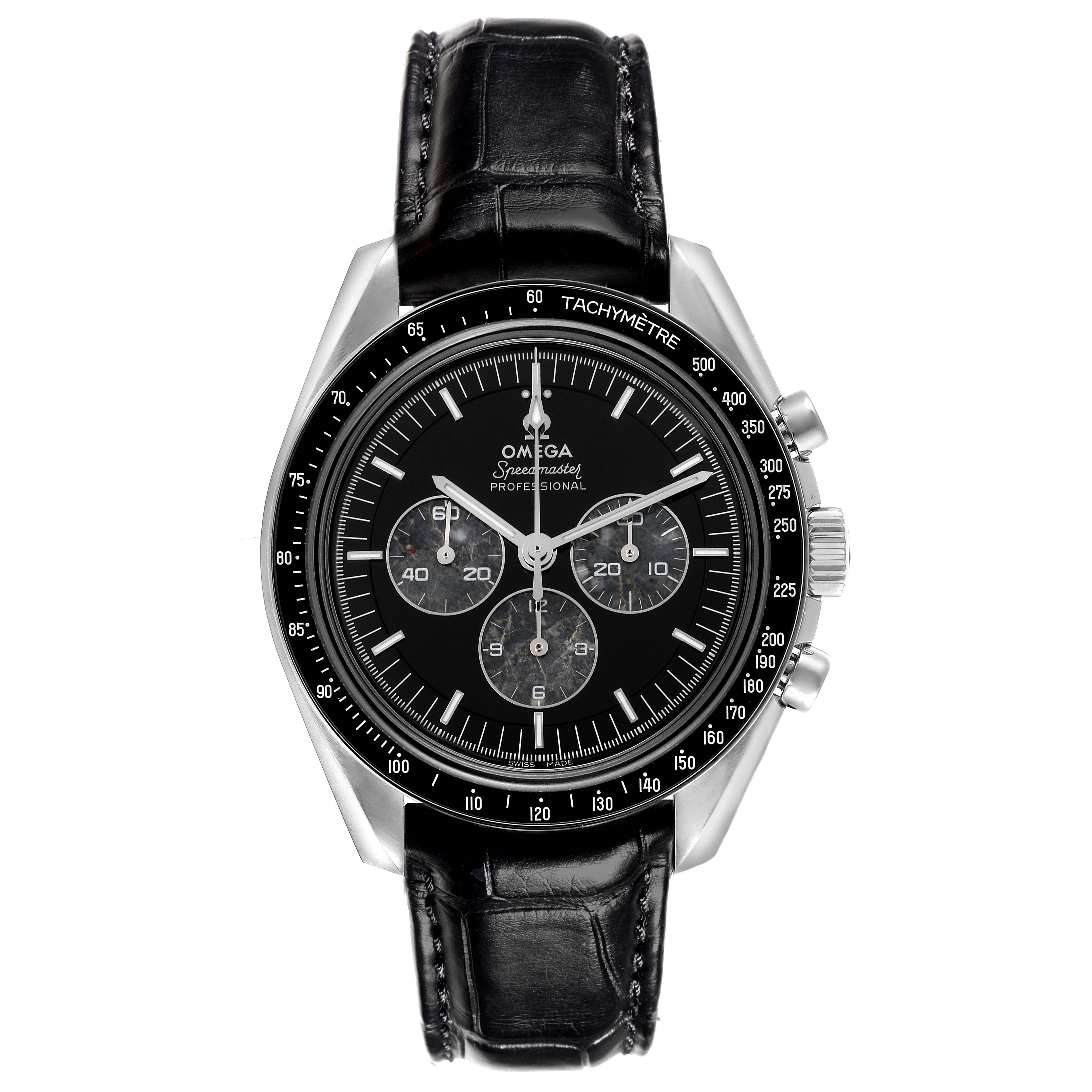 The Omega Speedmaster 311.93.42.30.99.001 Men's Platinum Black Dial 311.93.42.30.99.001 Men's Platinum Black Dial watch is shown from a front angle, highlighting the dial, tachymeter bezel, and leather strap.