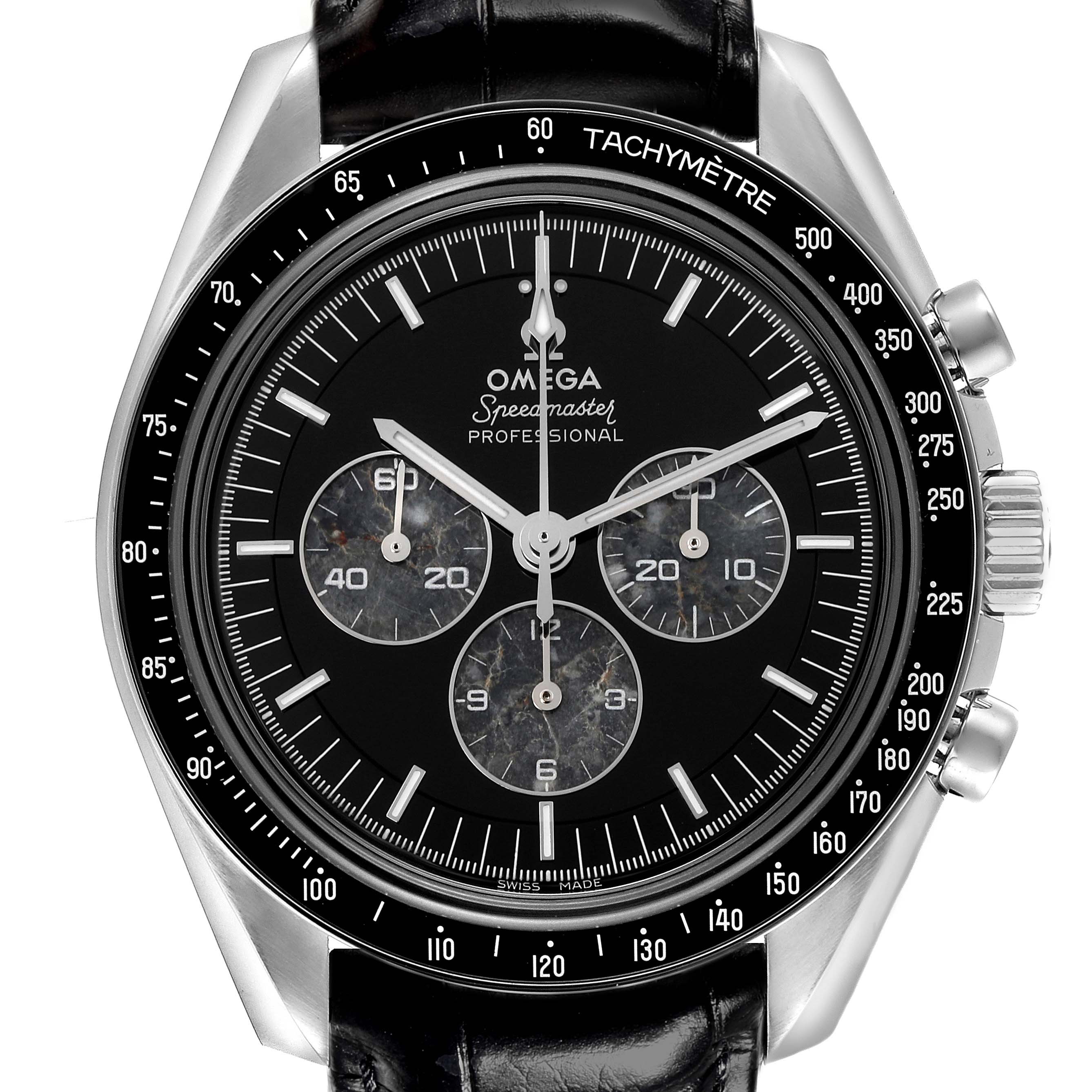 The Omega Speedmaster 311.93.42.30.99.001 Men's Platinum Black Dial 311.93.42.30.99.001 Men's Platinum Black Dial watch is shown from a front view, highlighting the dial, tachymeter bezel, and chronograph subdials.