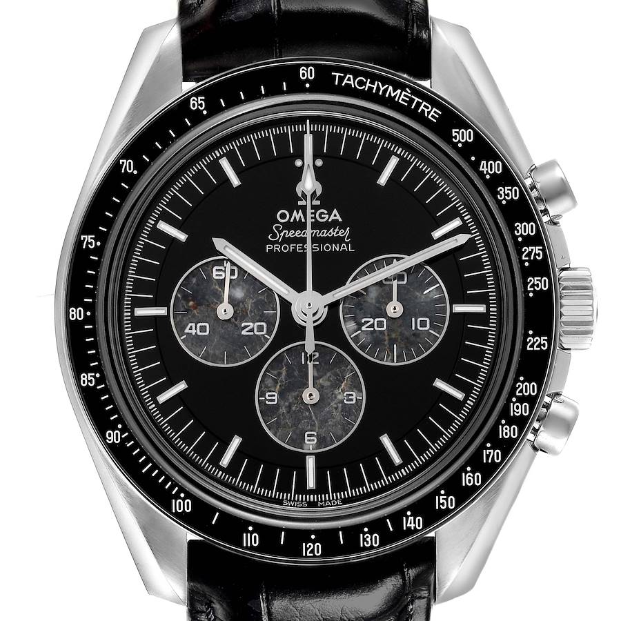 The Omega Speedmaster watch is shown from a front view, highlighting the dial, tachymeter bezel, and chronograph subdials.