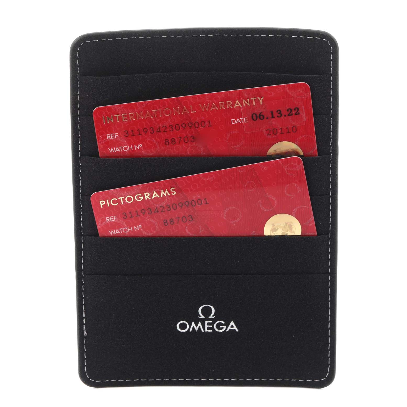 The image shows Omega Speedmaster 311.93.42.30.99.001 Men's Platinum Black Dial 311.93.42.30.99.001 Men's Platinum Black Dial accessories: warranty and pictograms cards in a black cardholder.