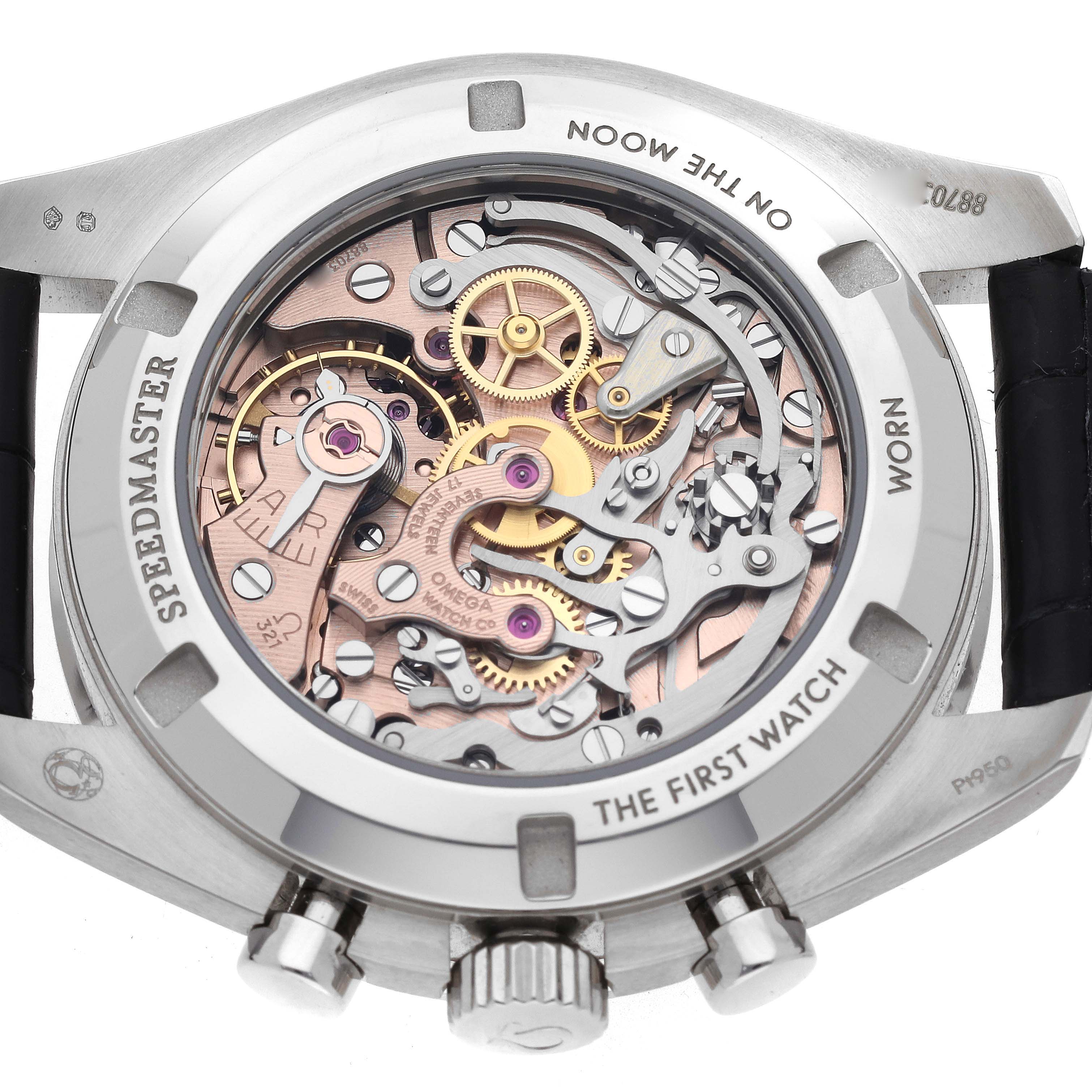 The image shows the back view of an Omega Speedmaster 311.93.42.30.99.001 Men's Platinum Black Dial 311.93.42.30.99.001 Men's Platinum Black Dial watch, highlighting the intricate mechanical movement.