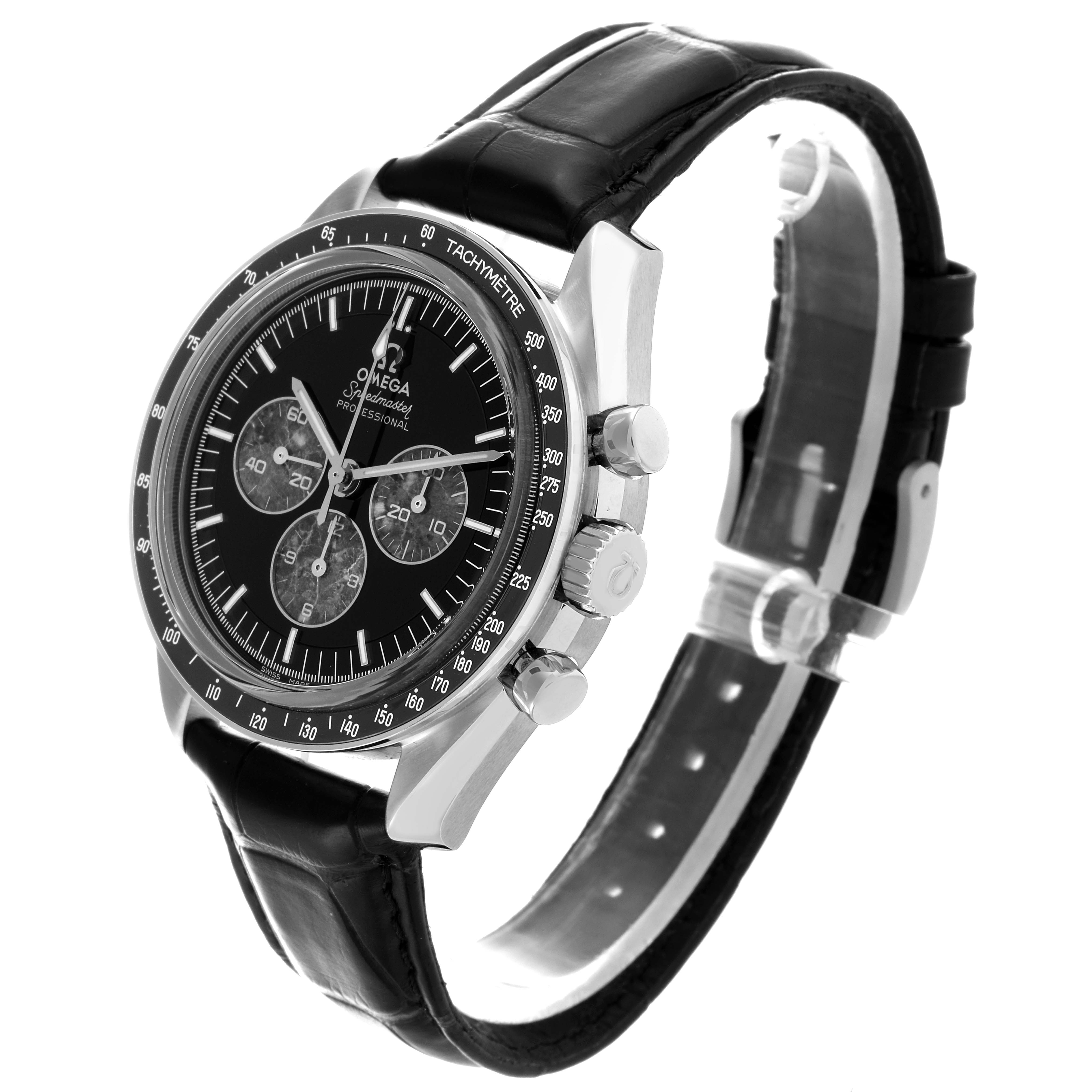 The Omega Speedmaster 311.93.42.30.99.001 Men's Platinum Black Dial 311.93.42.30.99.001 Men's Platinum Black Dial watch is shown at a side angle, highlighting the face, bezel, crown, pushers, and leather strap.