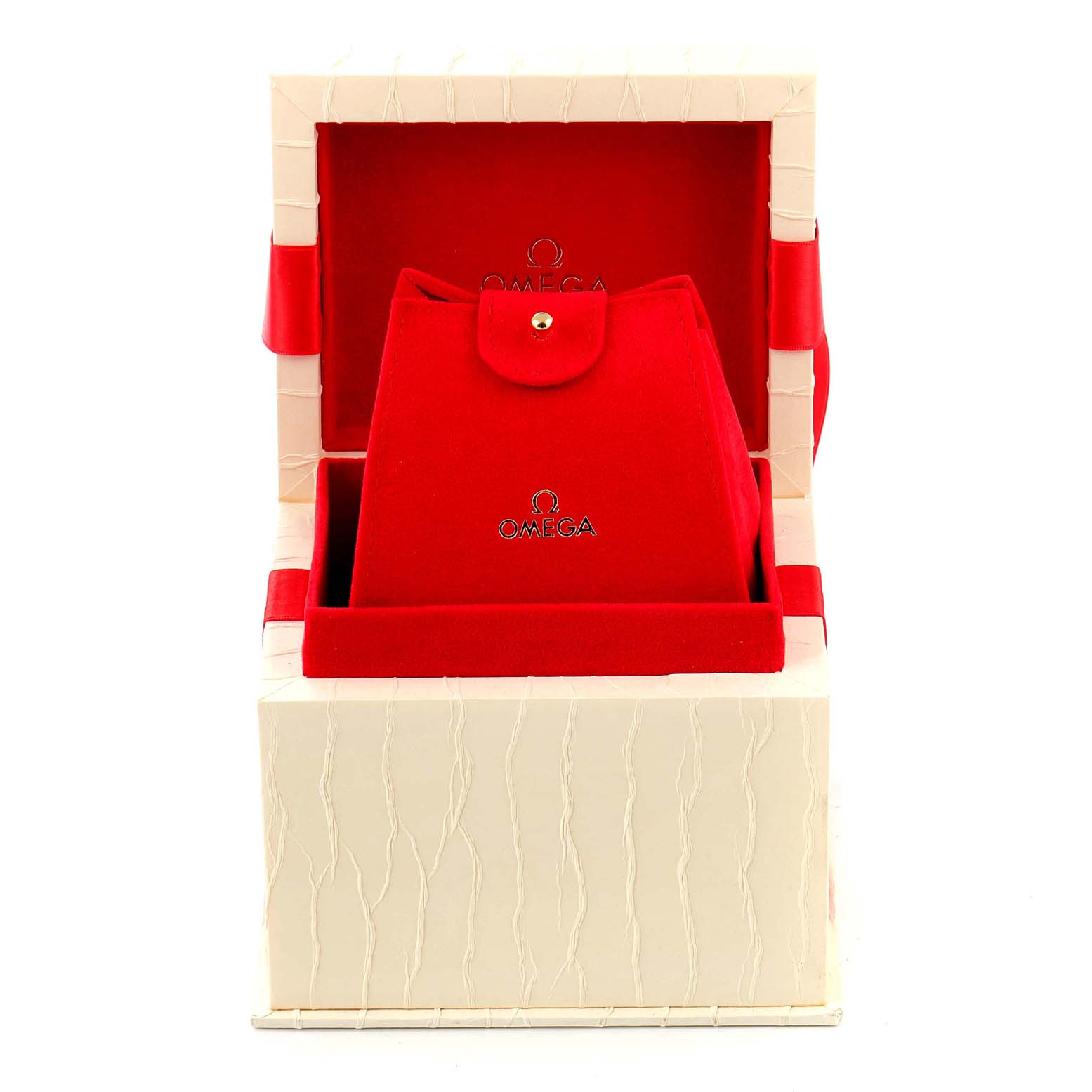 The image shows an Omega 4877.60.37 Women's Rose Gold Mother of Pearl Dial 4877.60.37 Women's Rose Gold Mother of Pearl Dial DeVille Brown Dial Rose Gold Diamond Ladies Watch 4677.60.37 box, with an open white box and red interior.