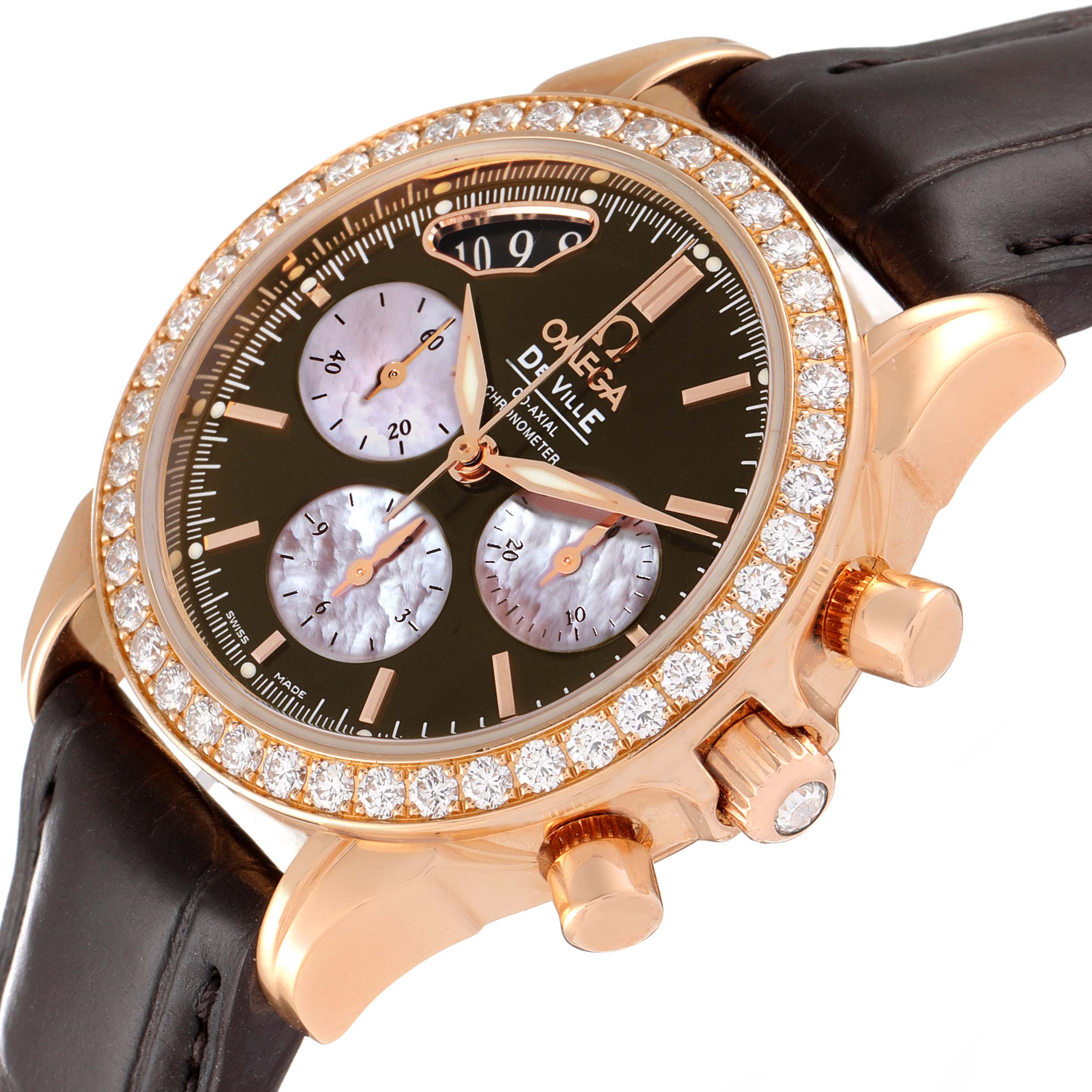 The image shows an angled close-up of the Omega 4877.60.37 Women's Rose Gold Mother of Pearl Dial 4877.60.37 Women's Rose Gold Mother of Pearl Dial DeVille Brown Dial Rose Gold Diamond Ladies Watch 4677.60.37, highlighting the face, dials, crown, and strap.