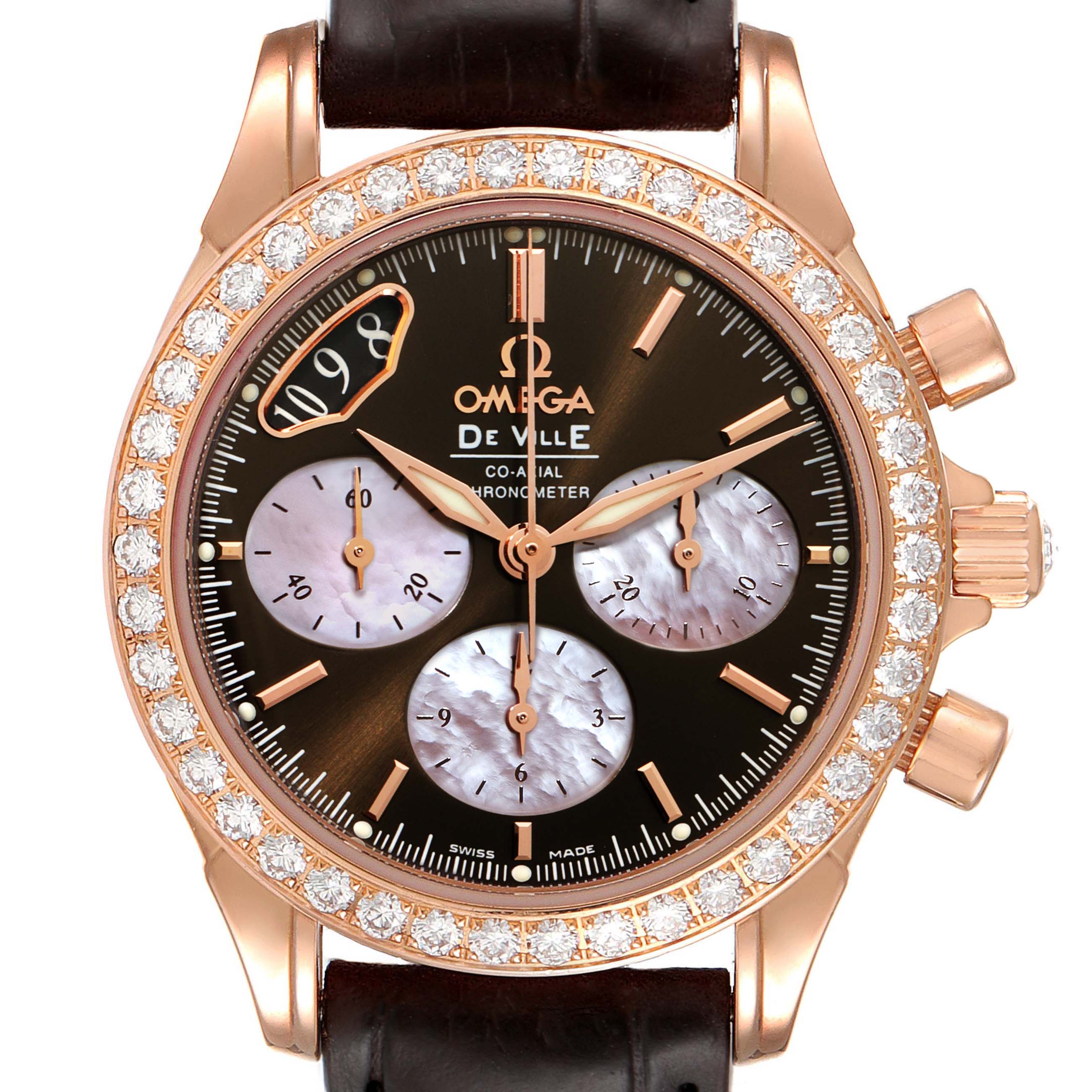 The image shows a frontal view of the Omega 4877.60.37 Women's Rose Gold Mother of Pearl Dial 4877.60.37 Women's Rose Gold Mother of Pearl Dial DeVille Brown Dial Rose Gold Diamond Ladies Watch 4677.60.37, focusing on the dial and bezel.