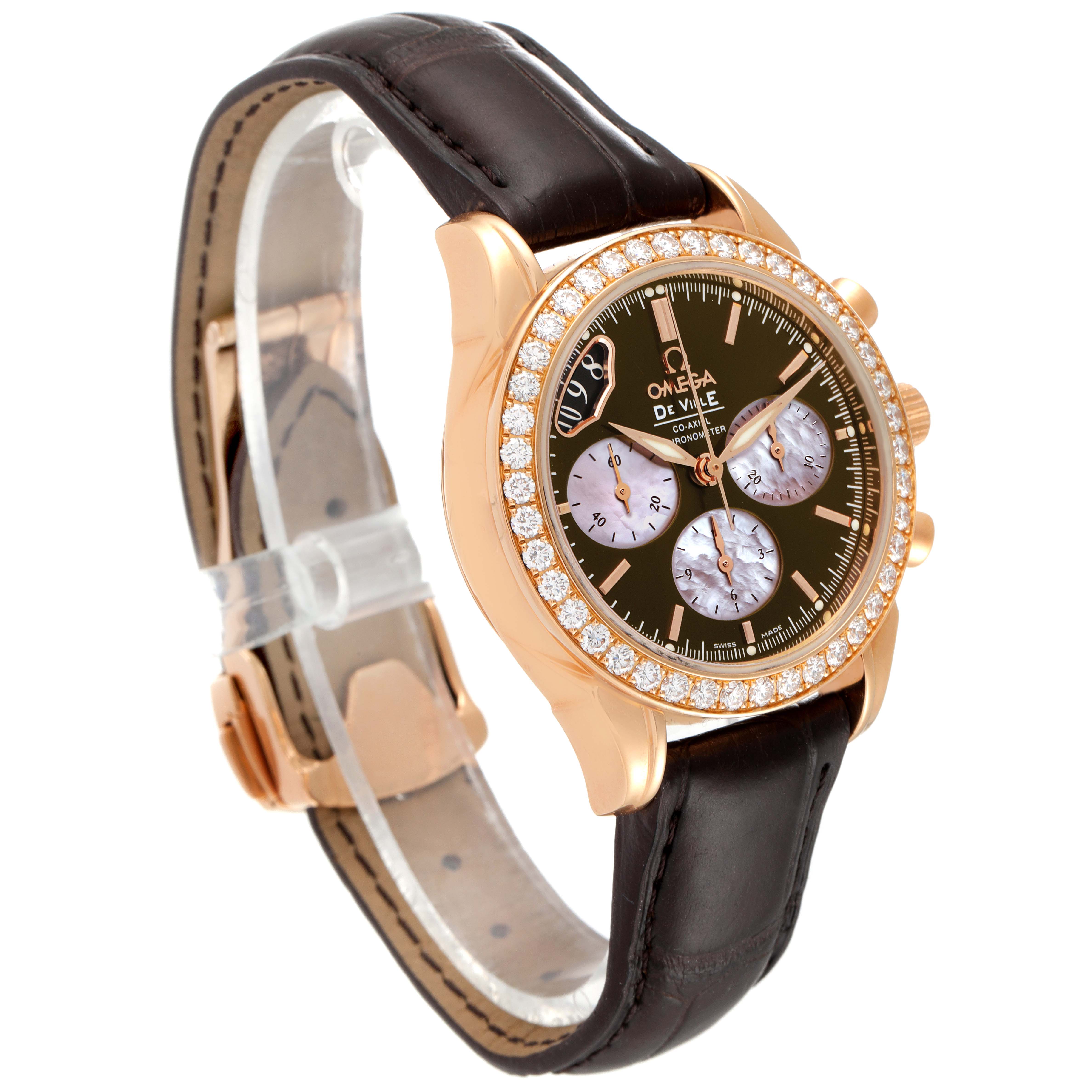 The image shows a DeVille Brown Dial Rose Gold Diamond Ladies Watch 4677.60.37 by Omega 4877.60.37 Women's Rose Gold Mother of Pearl Dial 4877.60.37 Women's Rose Gold Mother of Pearl Dial, angled slightly from the front-left.