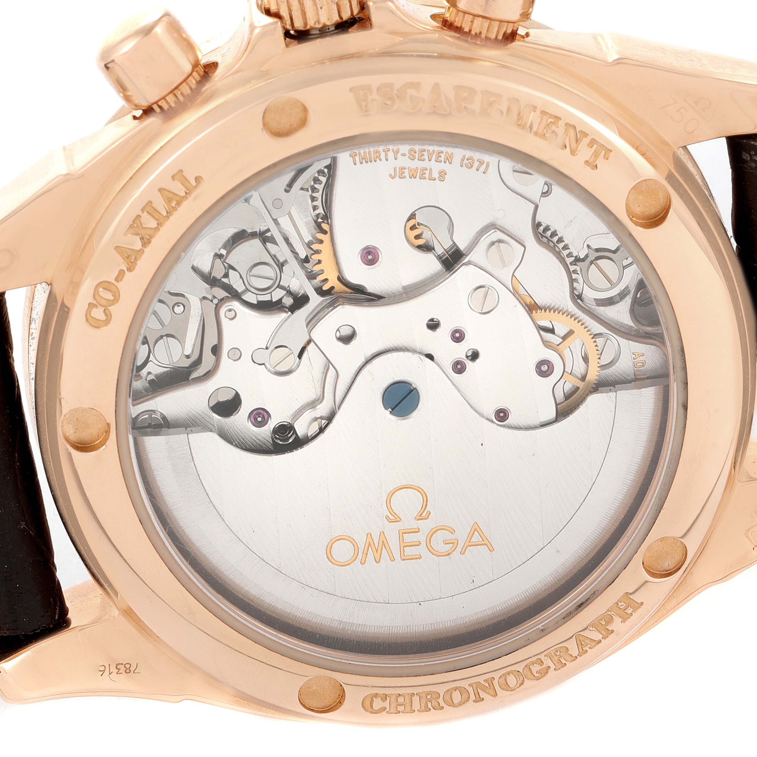 This image shows the back of the Omega 4877.60.37 Women's Rose Gold Mother of Pearl Dial 4877.60.37 Women's Rose Gold Mother of Pearl Dial DeVille Brown Dial Rose Gold Diamond Ladies Watch 4677.60.37, highlighting the movement and brand engraving.