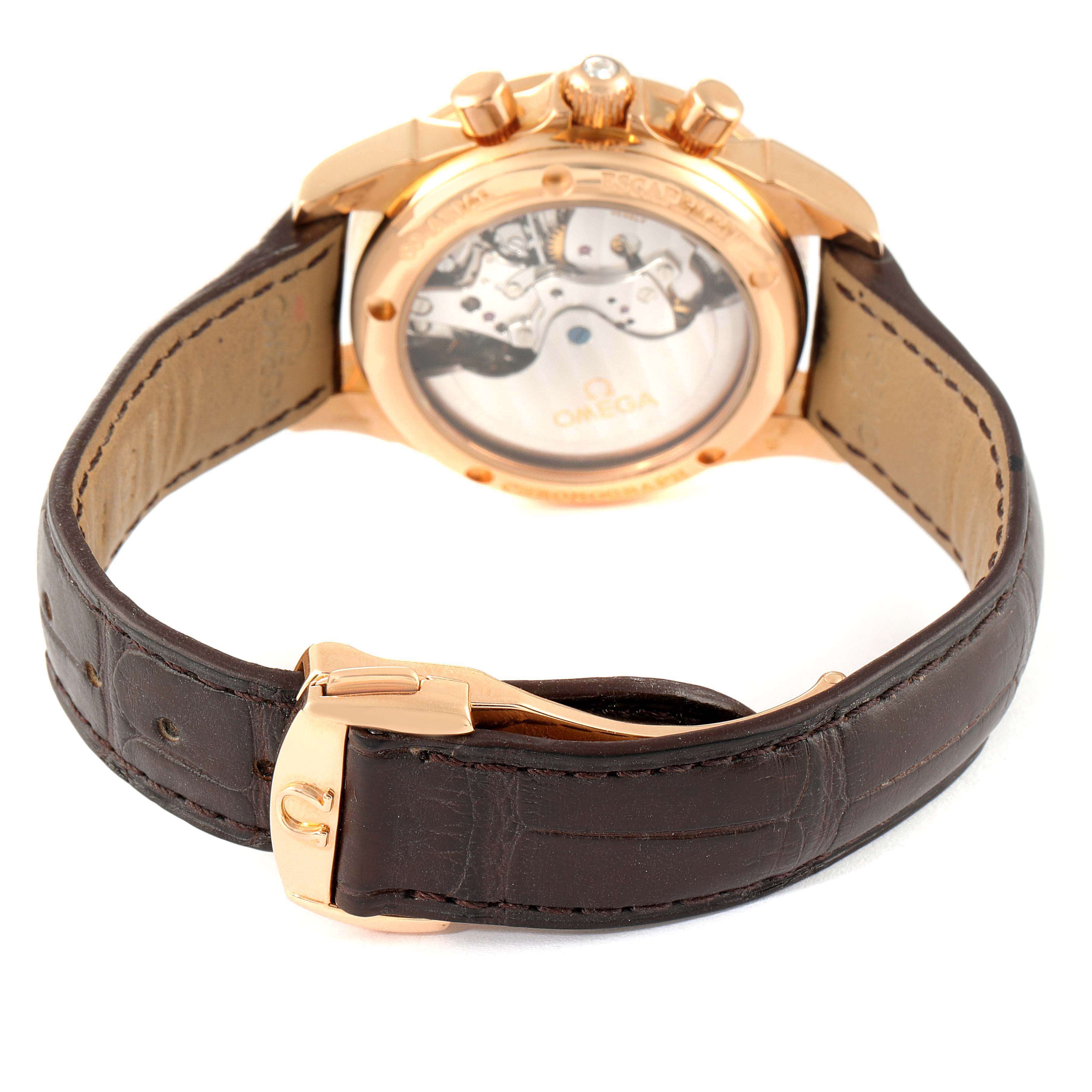 The image shows the back view of the Omega 4877.60.37 Women's Rose Gold Mother of Pearl Dial 4877.60.37 Women's Rose Gold Mother of Pearl Dial DeVille Brown Dial Rose Gold Diamond Ladies Watch 4677.60.37, featuring its strap and clasp.