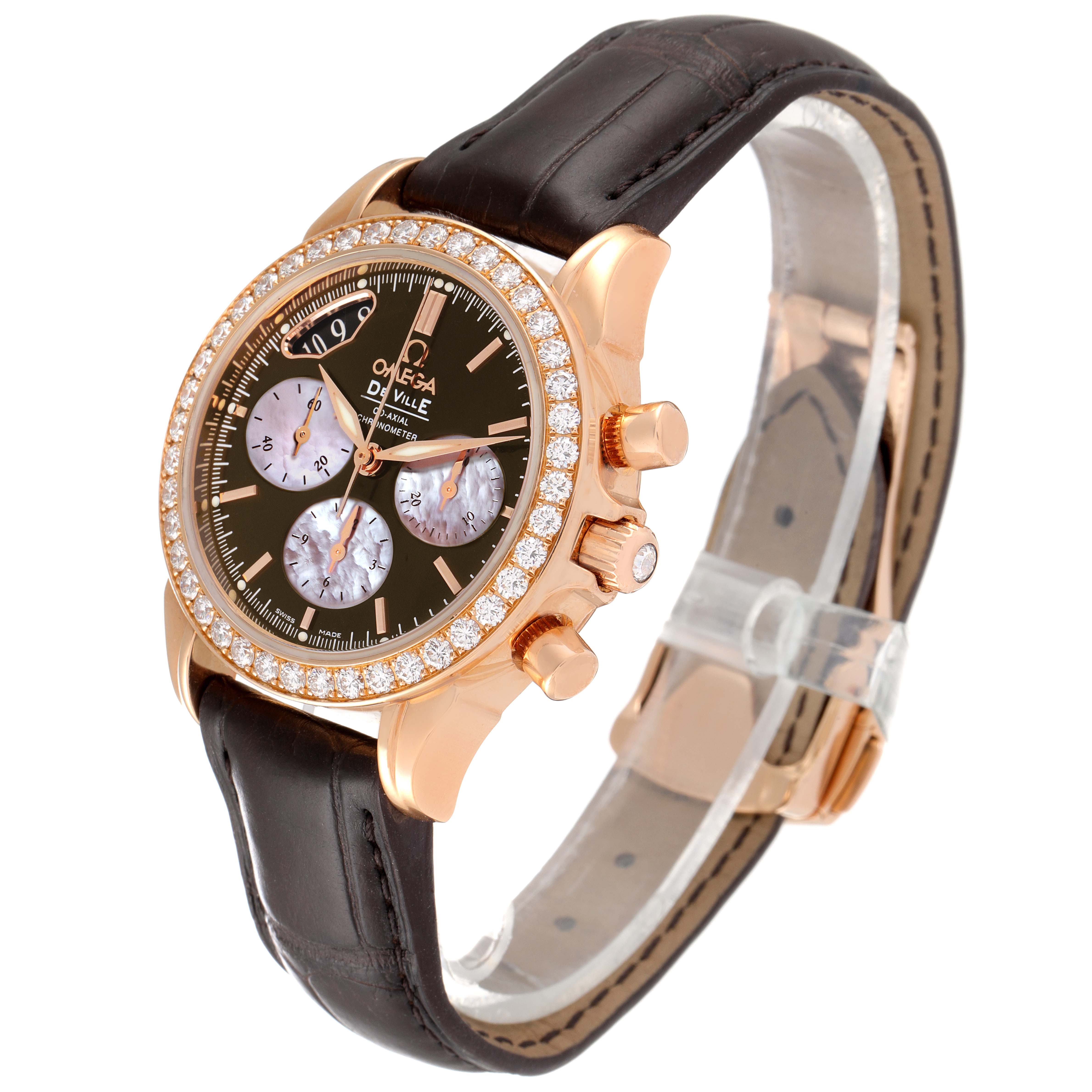 The image shows an angled front view of the Omega 4877.60.37 Women's Rose Gold Mother of Pearl Dial 4877.60.37 Women's Rose Gold Mother of Pearl Dial DeVille Brown Dial Rose Gold Diamond Ladies Watch model 4677.60.37.
