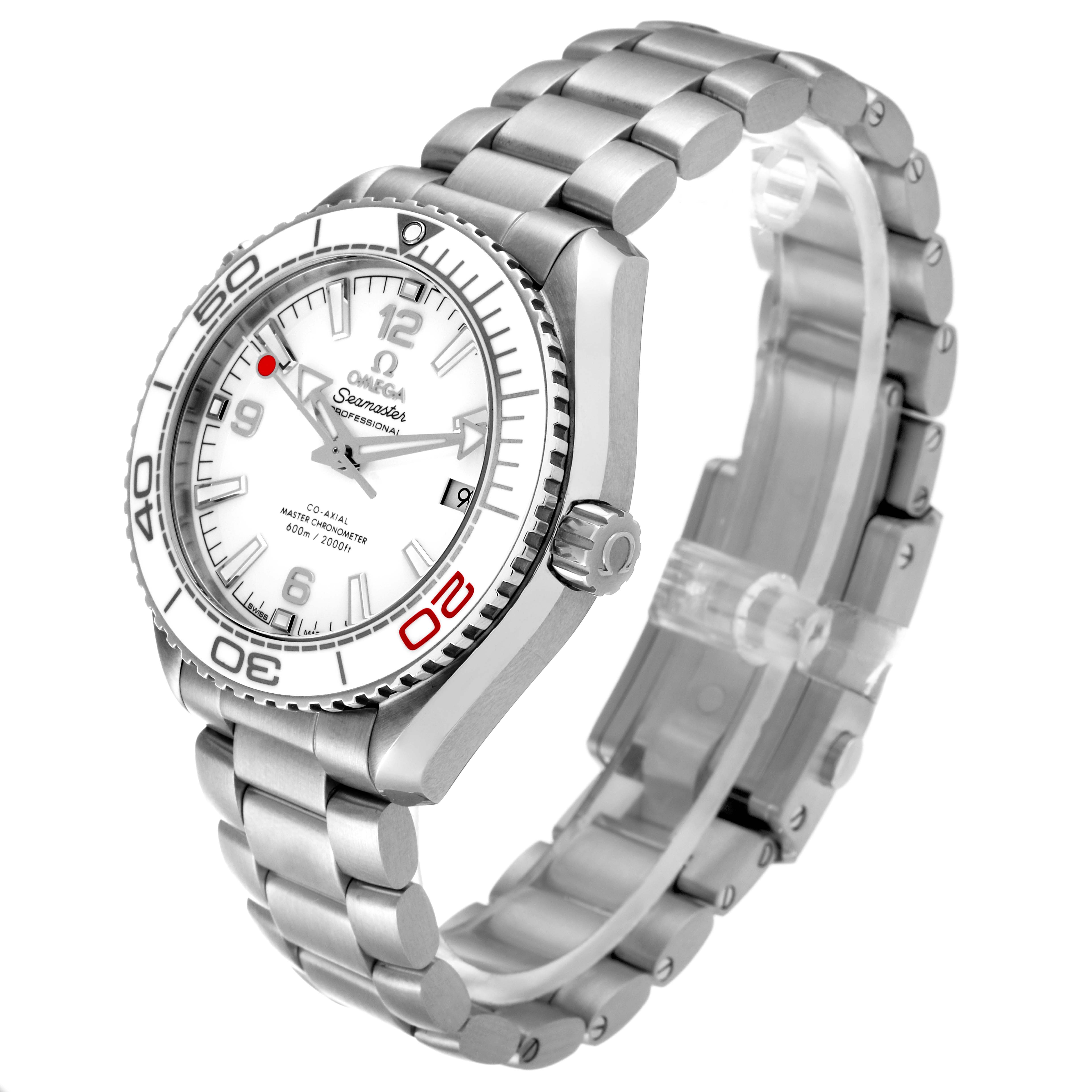 This image shows a side view of the Omega Planet Ocean 522.33.40.20.04.001 Men's Stainless Steel White Dial 522.33.40.20.04.001 Men's Stainless Steel White Dial watch, highlighting its dial, bezel, crown, and stainless steel bracelet.