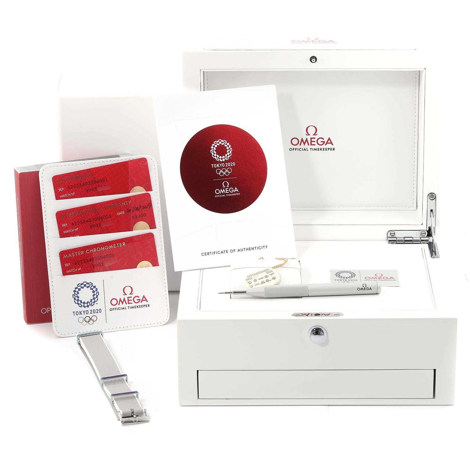 The image shows watch accessories for the Omega Planet Ocean 522.33.40.20.04.001 Men's Stainless Steel White Dial 522.33.40.20.04.001 Men's Stainless Steel White Dial model, including a box, warranty cards, a certificate, and a tool.