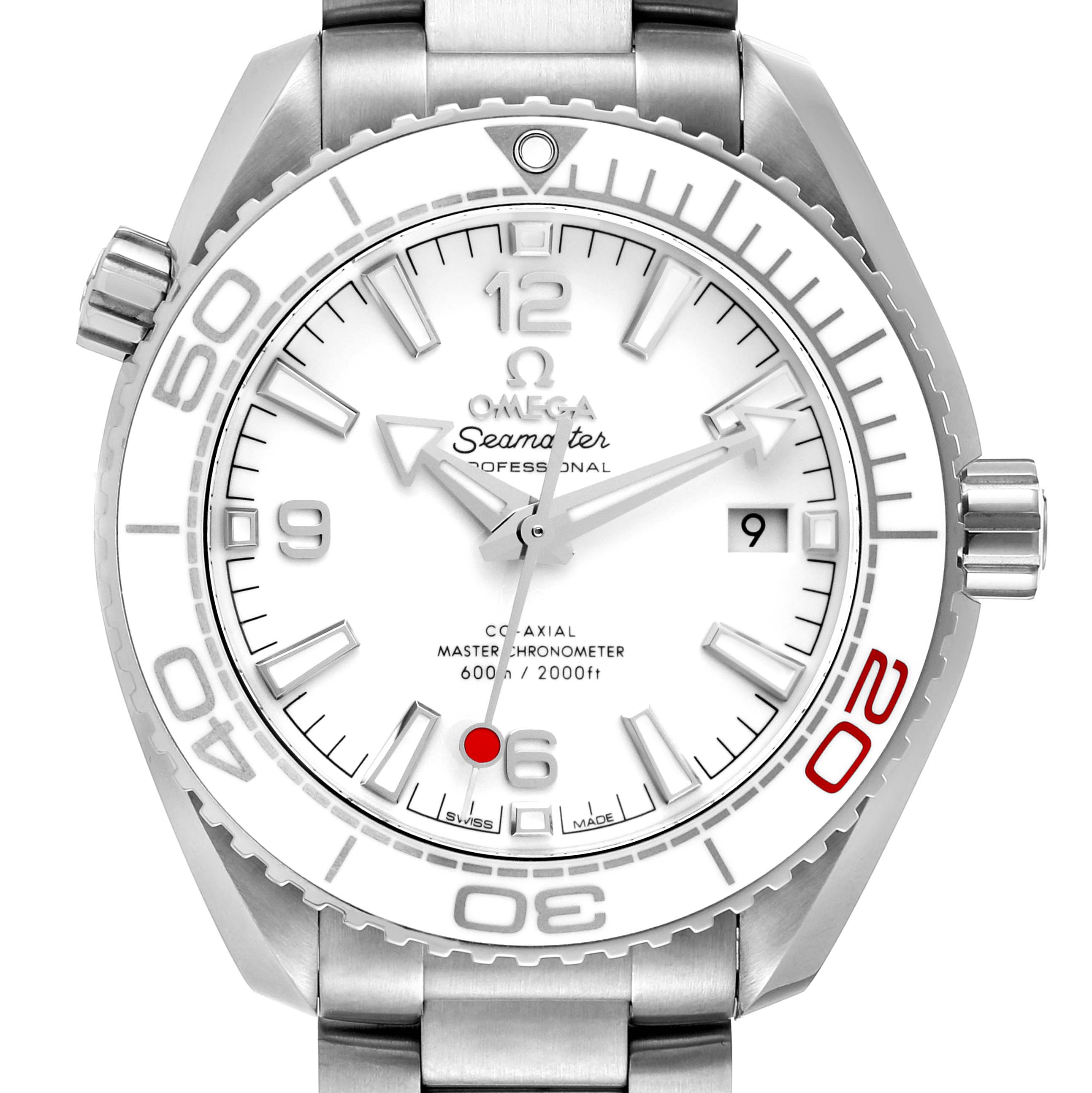 The image shows the front face of the Omega Planet Ocean 522.33.40.20.04.001 Men's Stainless Steel White Dial 522.33.40.20.04.001 Men's Stainless Steel White Dial watch, highlighting its white dial, markers, hands, and bezel.