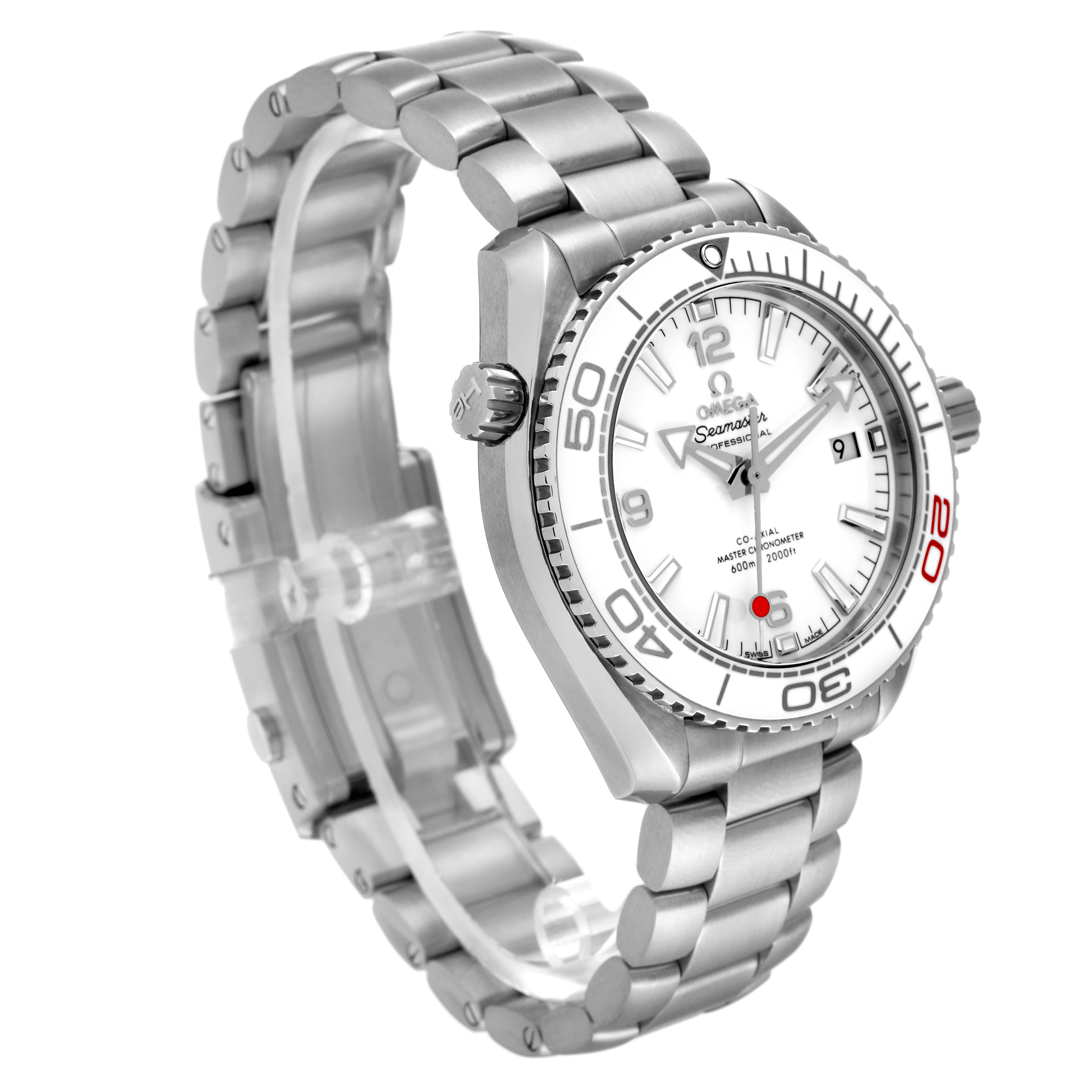 The image shows an Omega Planet Ocean 522.33.40.20.04.001 Men's Stainless Steel White Dial 522.33.40.20.04.001 Men's Stainless Steel White Dial watch at a three-quarter angle, highlighting the face, bezel, crown, and bracelet.