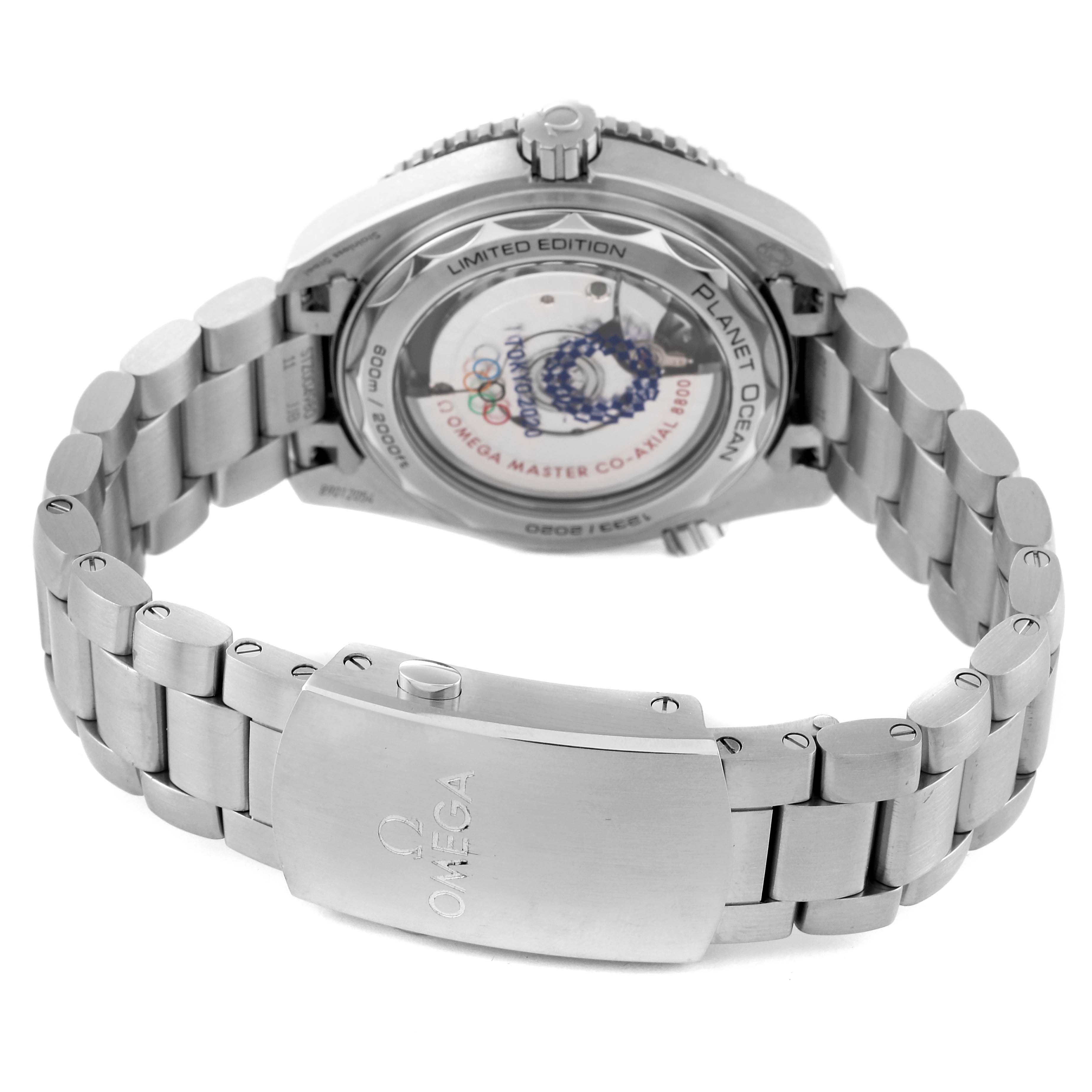 The Omega Planet Ocean 522.33.40.20.04.001 Men's Stainless Steel White Dial 522.33.40.20.04.001 Men's Stainless Steel White Dial watch is shown from the back, displaying its case back and metal bracelet.
