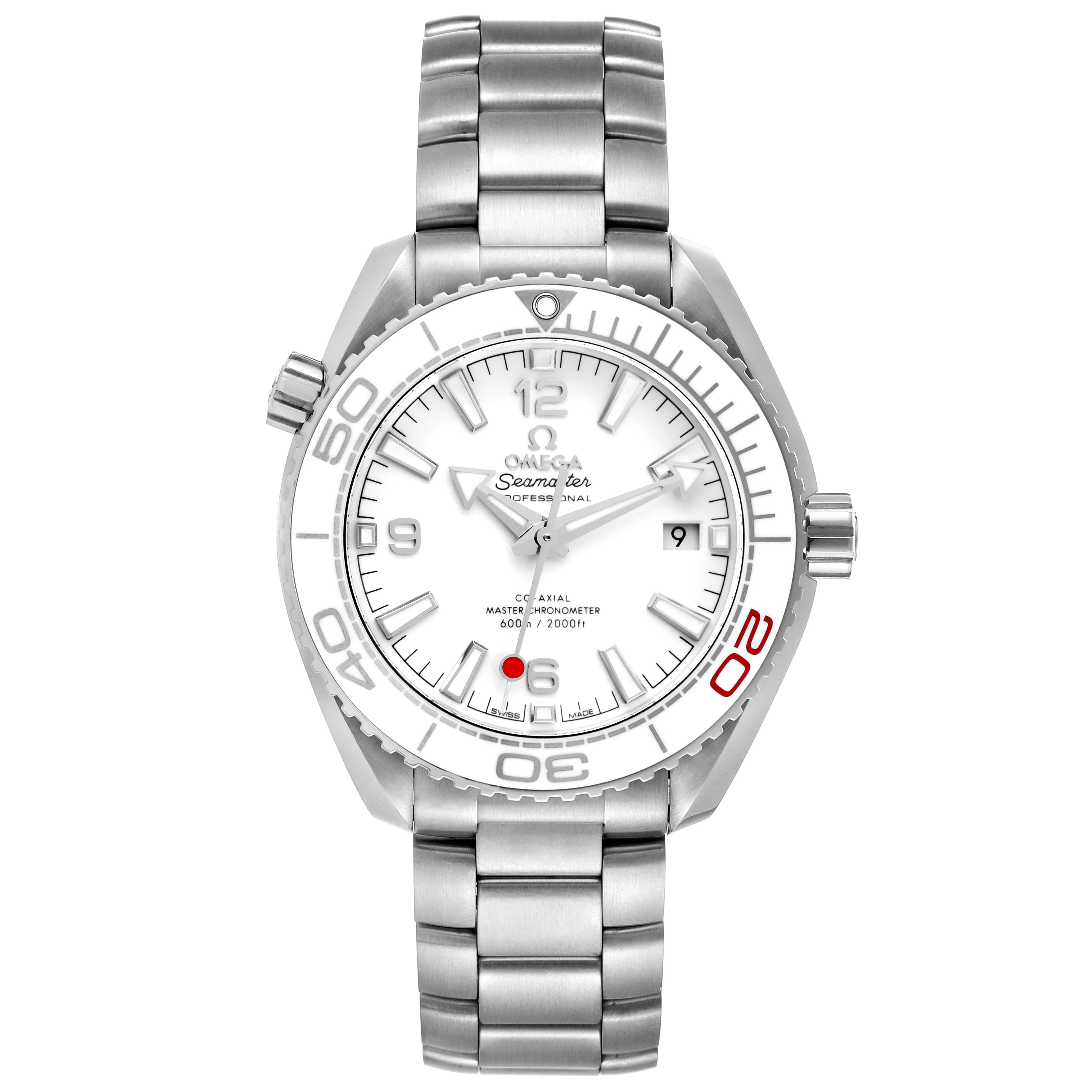 The Omega Planet Ocean 522.33.40.20.04.001 Men's Stainless Steel White Dial 522.33.40.20.04.001 Men's Stainless Steel White Dial watch is shown from a front angle, highlighting its dial, bezel, bracelet, and crown.