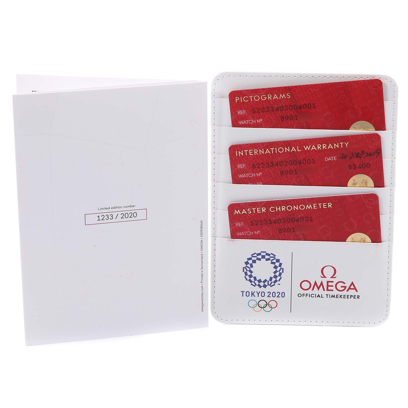 The image shows the warranty cards and booklet for the Omega Planet Ocean 522.33.40.20.04.001 Men's Stainless Steel White Dial 522.33.40.20.04.001 Men's Stainless Steel White Dial model, including Pictograms, International Warranty, and Master Chronometer cards.