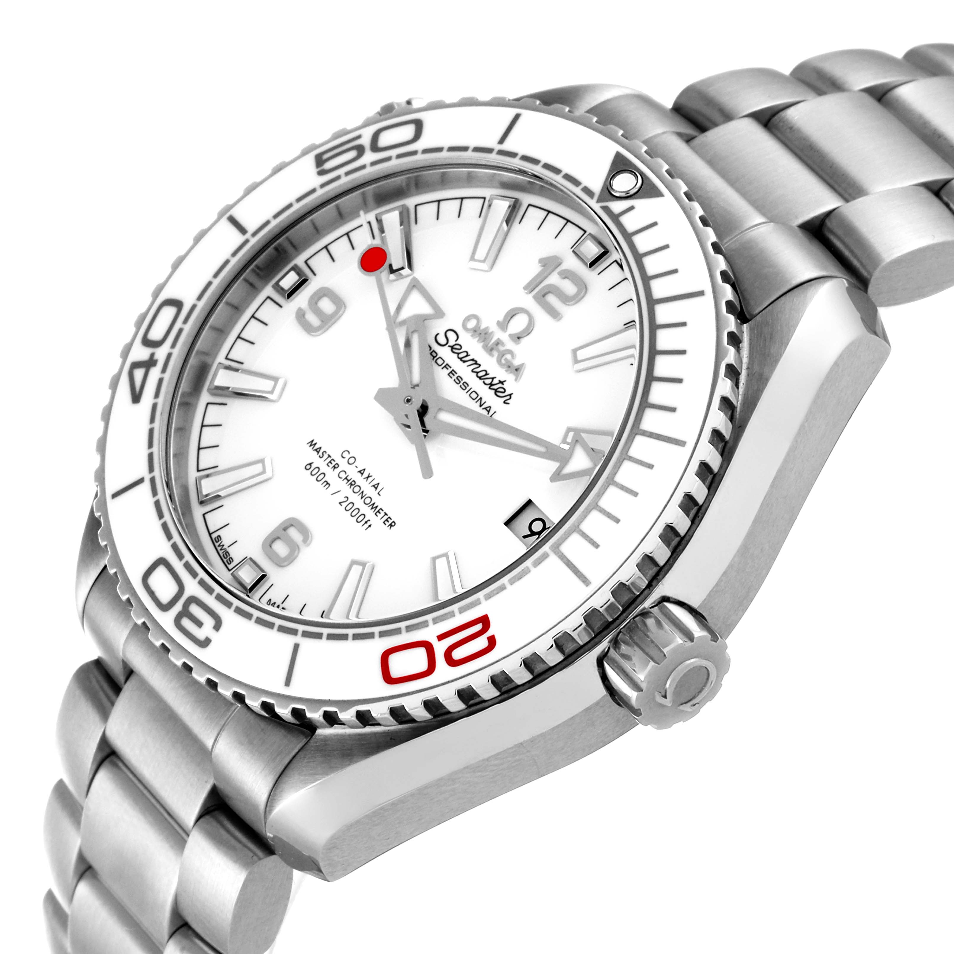 The image shows an angled view of an Omega Planet Ocean 522.33.40.20.04.001 Men's Stainless Steel White Dial 522.33.40.20.04.001 Men's Stainless Steel White Dial watch, highlighting the bezel, dial, and stainless steel bracelet.