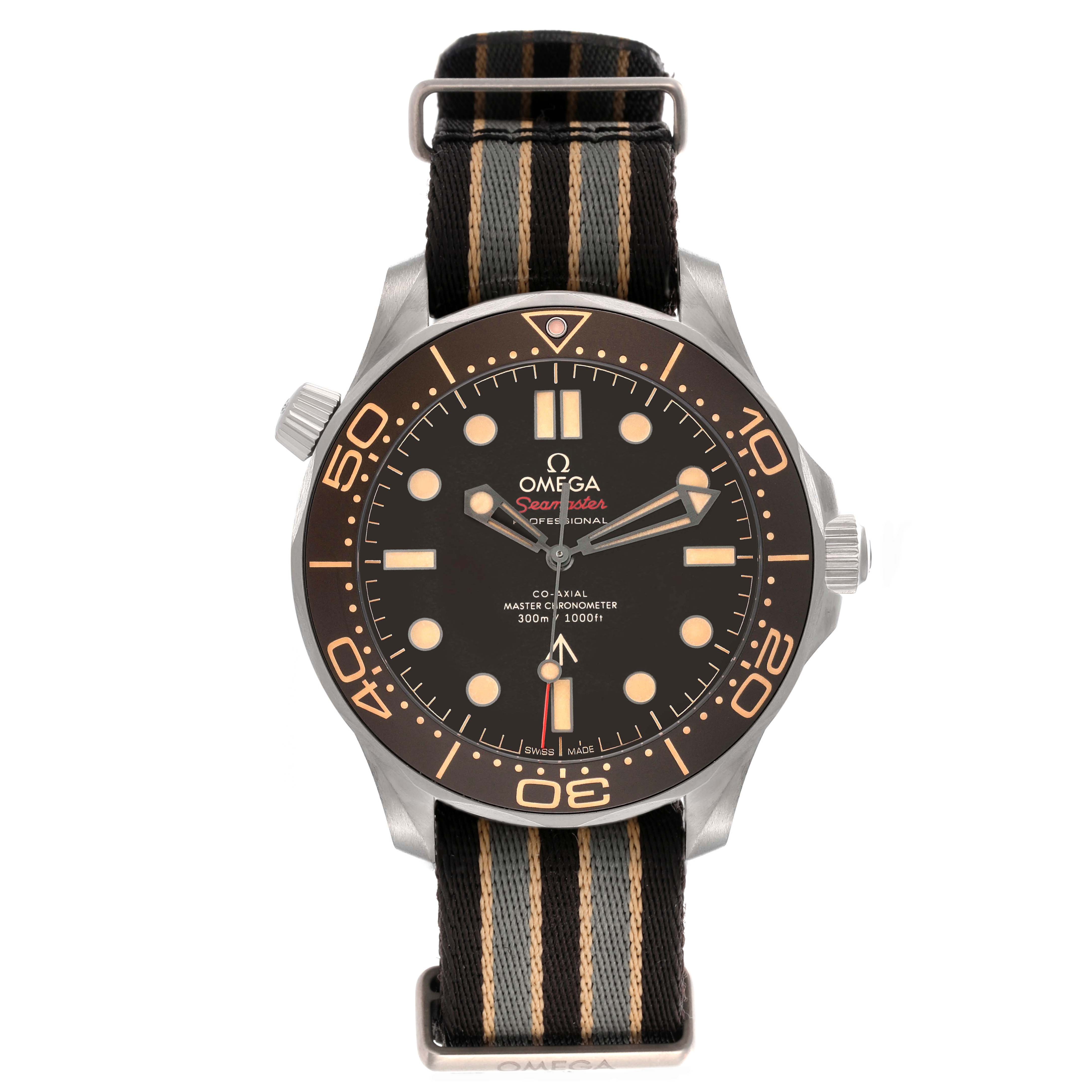 The Omega Seamaster 210.92.42.20.01.001 Men's Titanium Brown Dial 210.92.42.20.01.001 Men's Titanium Brown Dial watch is shown from a top-down angle, displaying the face, bezel, and NATO strap.