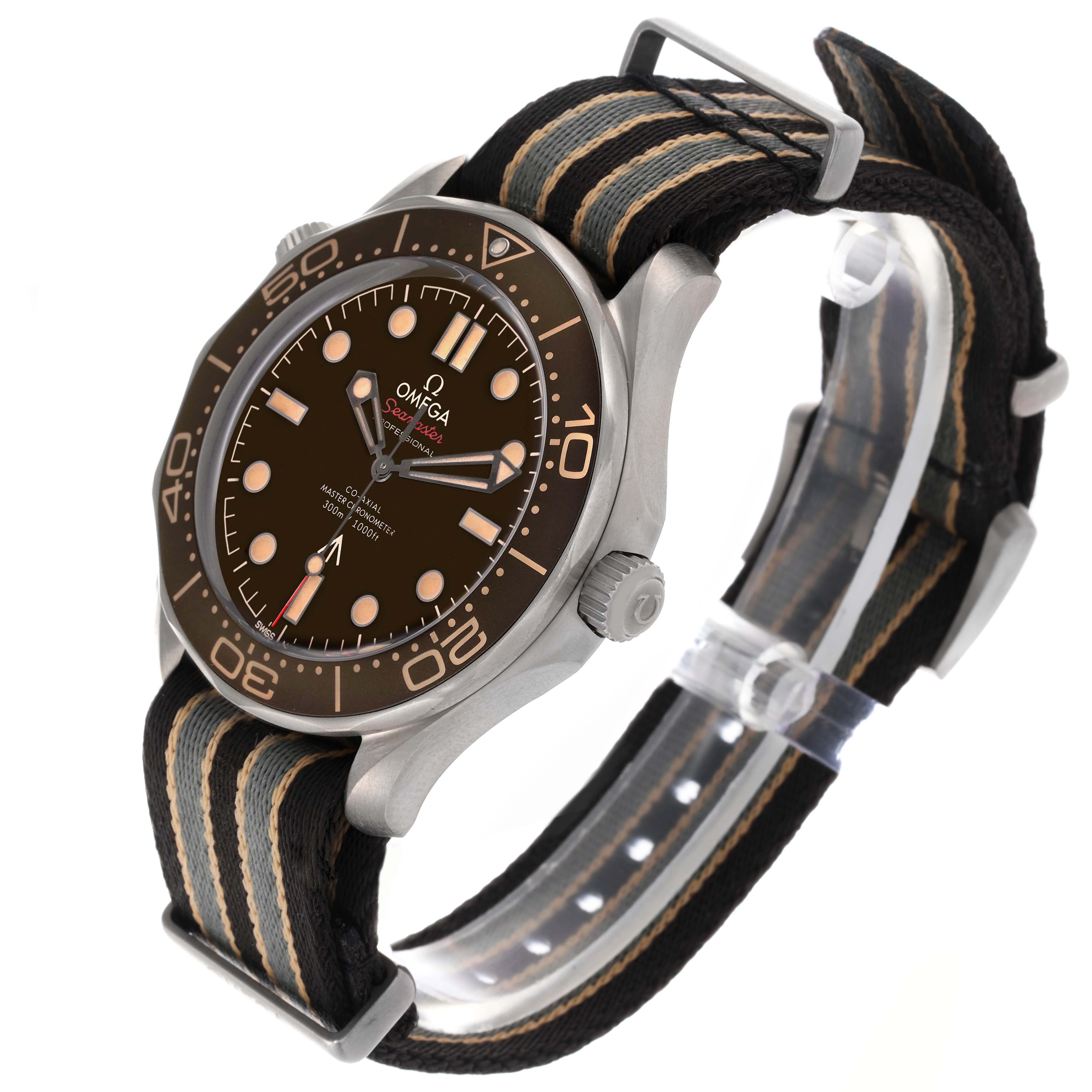 The Omega Seamaster 210.92.42.20.01.001 Men's Titanium Brown Dial 210.92.42.20.01.001 Men's Titanium Brown Dial watch is shown at a three-quarter angle, highlighting the dial, bezel, and NATO strap.