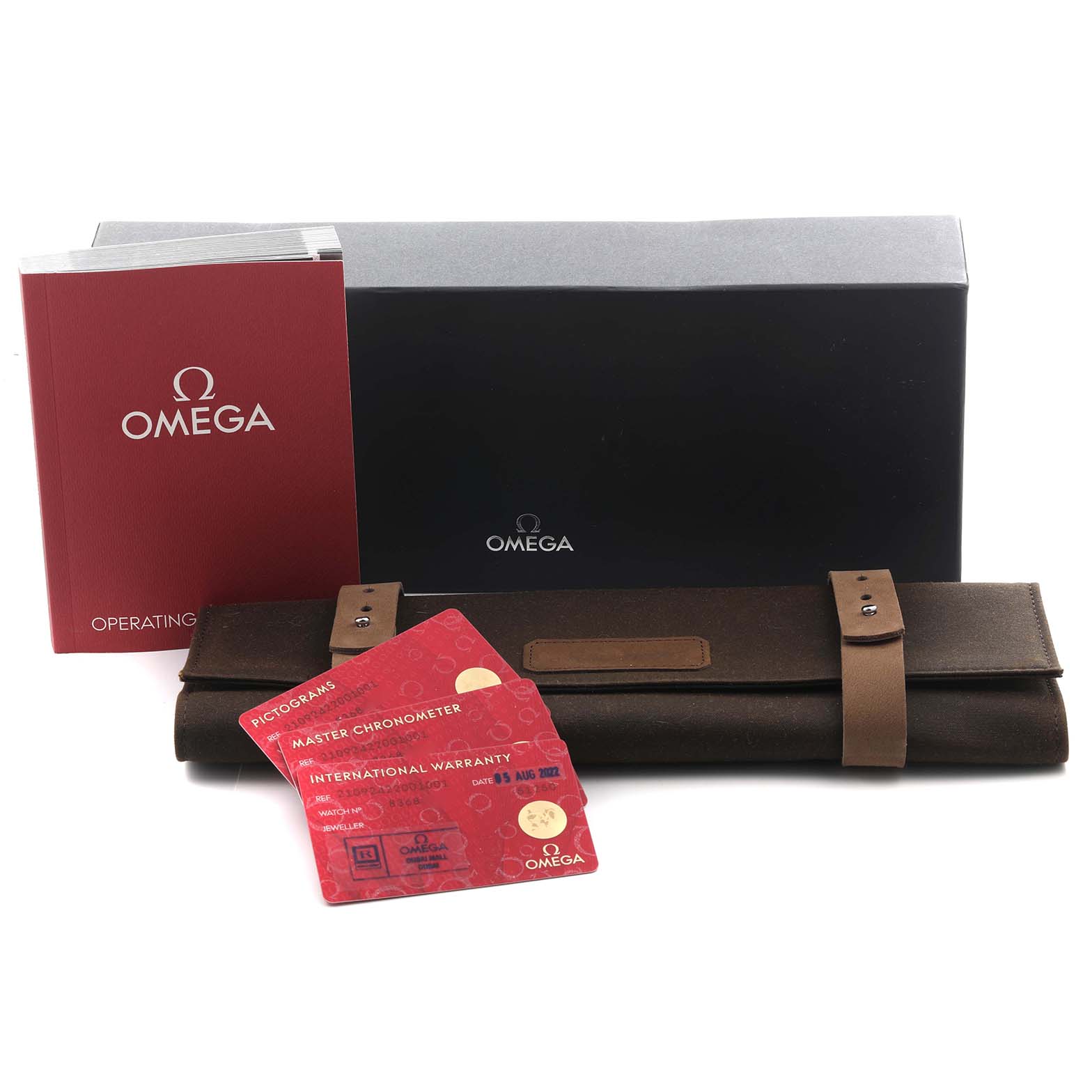 The image shows the Omega Seamaster 210.92.42.20.01.001 Men's Titanium Brown Dial 210.92.42.20.01.001 Men's Titanium Brown Dial packaging, including a box, manual, watch roll, and warranty cards.