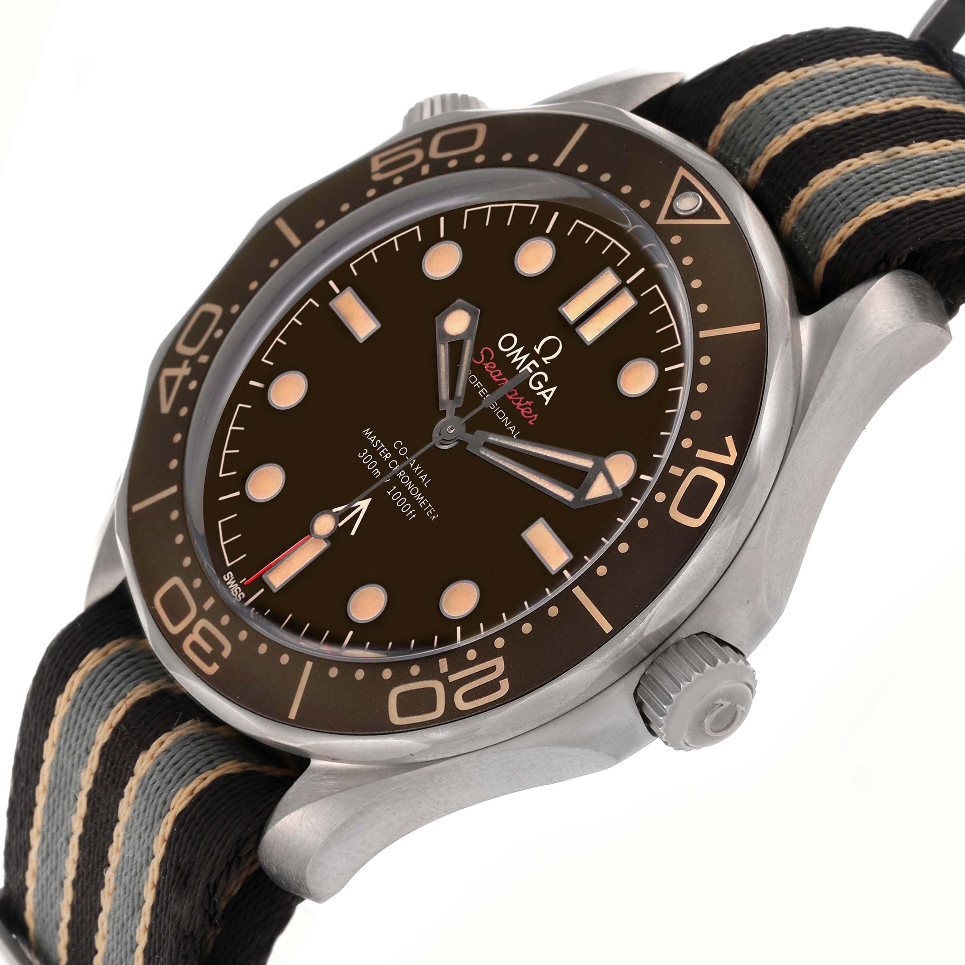 The Omega Seamaster 210.92.42.20.01.001 Men's Titanium Brown Dial 210.92.42.20.01.001 Men's Titanium Brown Dial watch is shown at an angled view highlighting its dial, bezel, crown, and fabric strap.