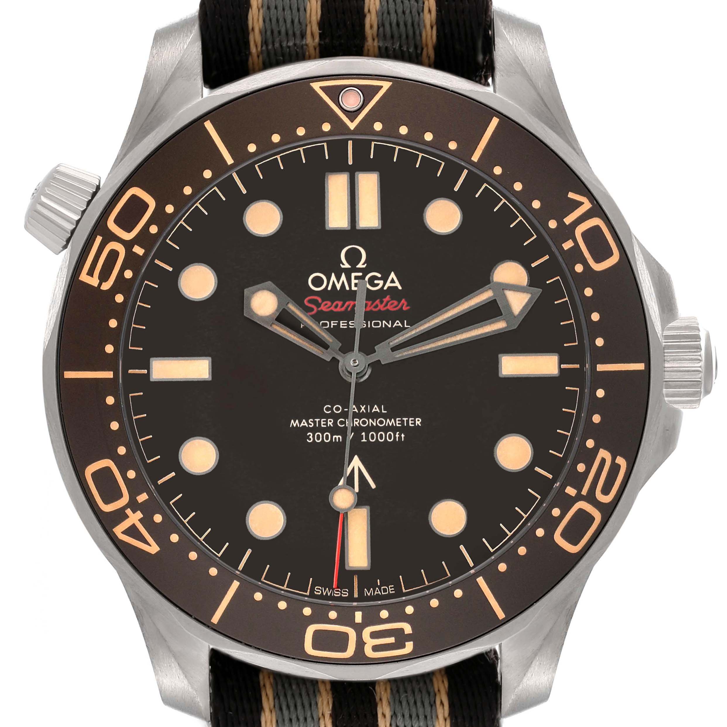 The Omega Seamaster 210.92.42.20.01.001 Men's Titanium Brown Dial 210.92.42.20.01.001 Men's Titanium Brown Dial watch is shown from the front, displaying its dial, bezel, and strap.