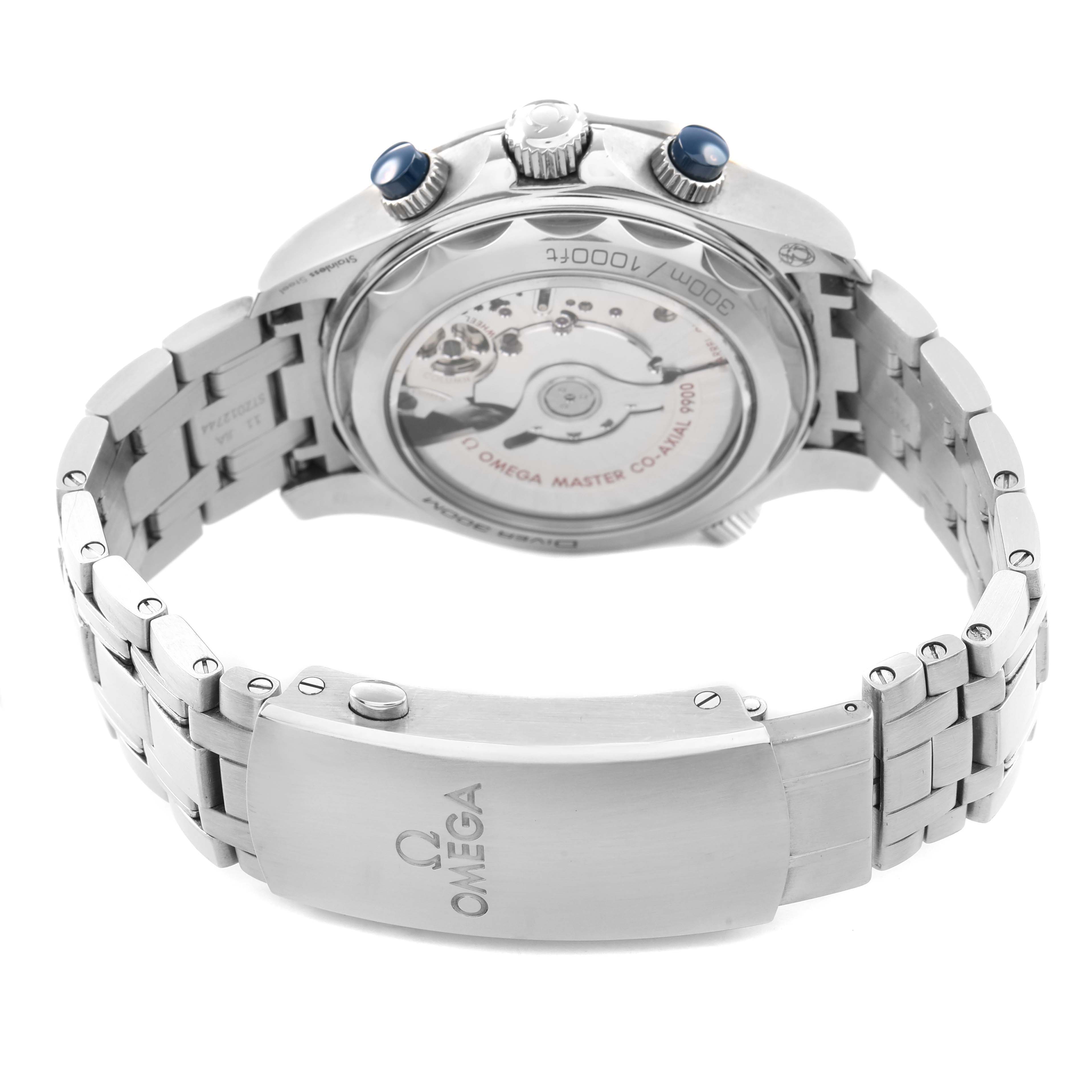 The image shows the back and clasp of an Omega Seamaster 210.30.44.51.06.001 Men's Stainless Steel Grey Dial, highlighting the transparent case back and bracelet.