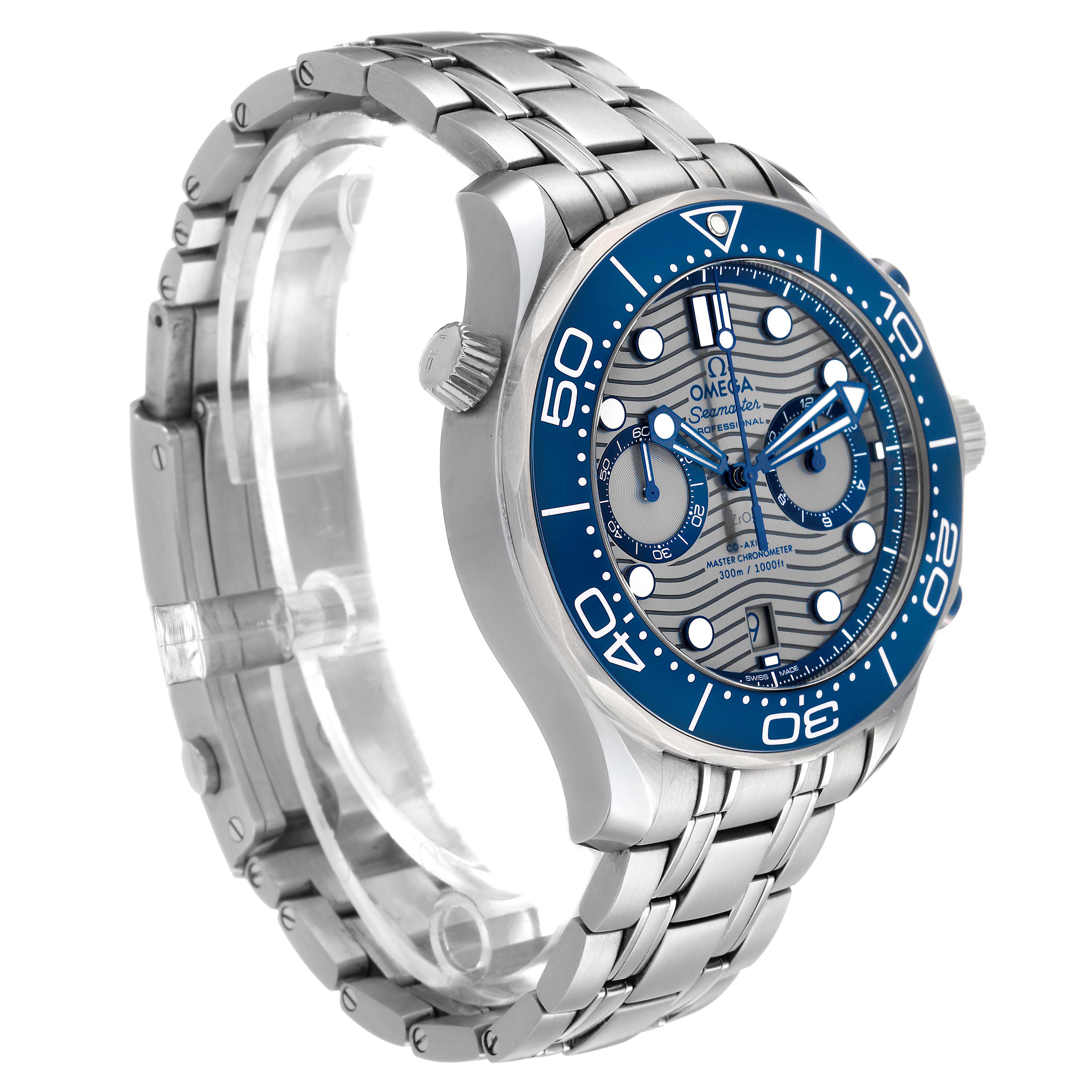 The Omega Seamaster 210.30.44.51.06.001 Men's Stainless Steel Grey Dial watch is shown from a front-side angle, highlighting its bezel, dial, crown, and bracelet.