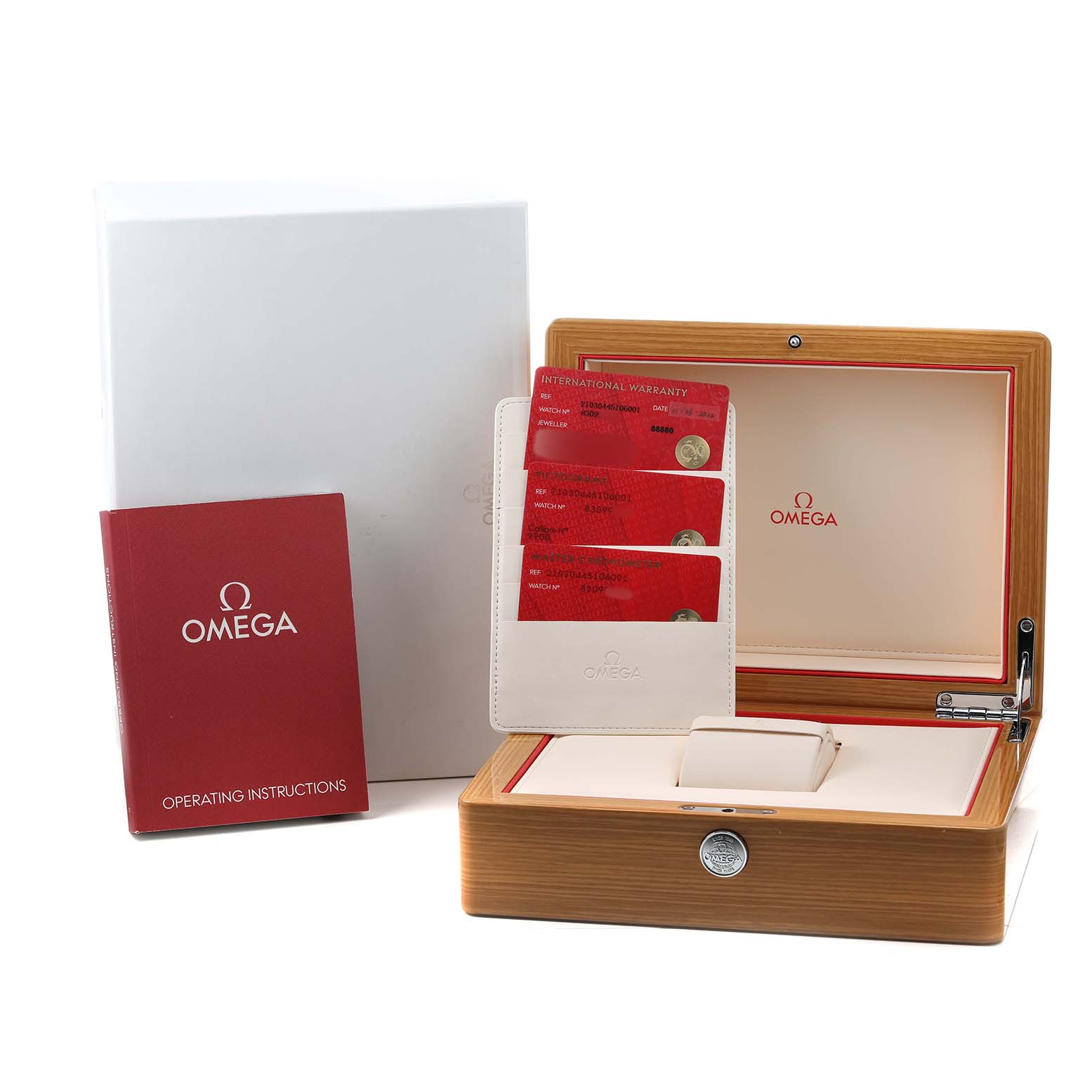 The image shows an Omega Seamaster 210.30.44.51.06.001 Men's Stainless Steel Grey Dial watch box, warranty cards, and an instruction manual, viewed from the front.