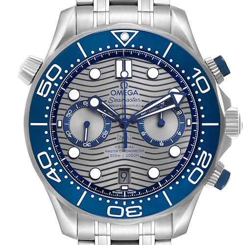 The Omega Seamaster 210.30.44.51.06.001 Men's Stainless Steel Grey Dial watch is shown from the front, displaying its blue bezel, wave-pattern dial, and chronograph subdials.