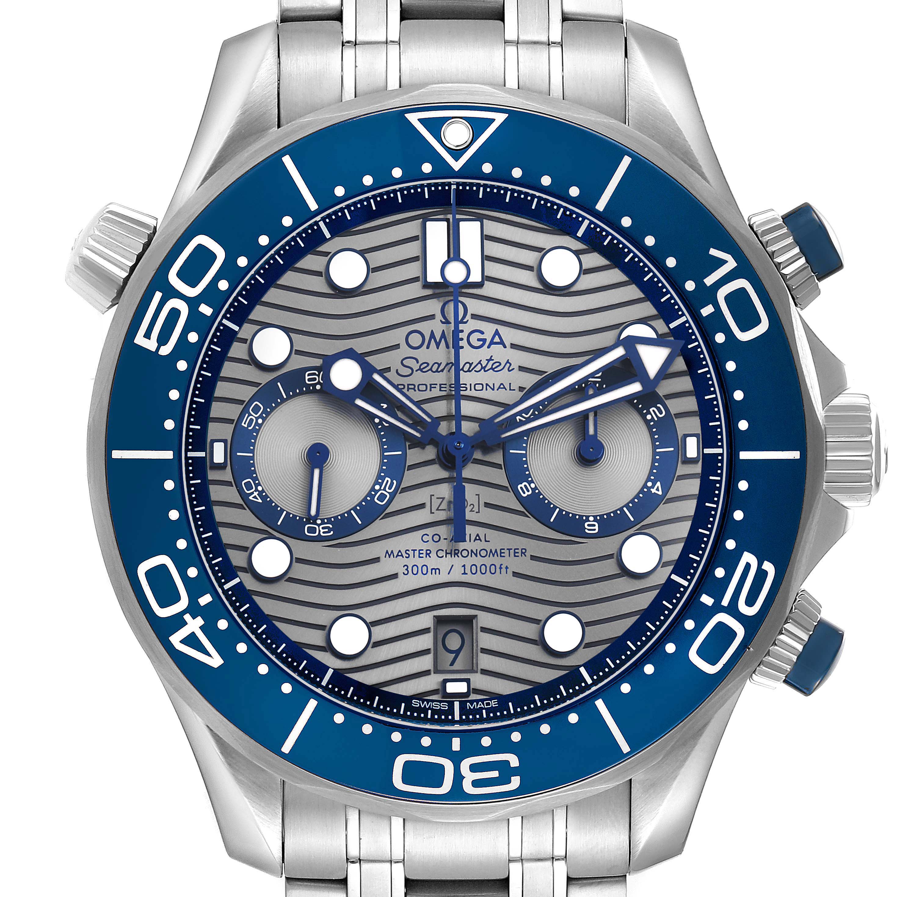 The Omega Seamaster 210.30.44.51.06.001 Men's Stainless Steel Grey Dial watch is shown from the front, highlighting the dial, bezel, and part of the bracelet.