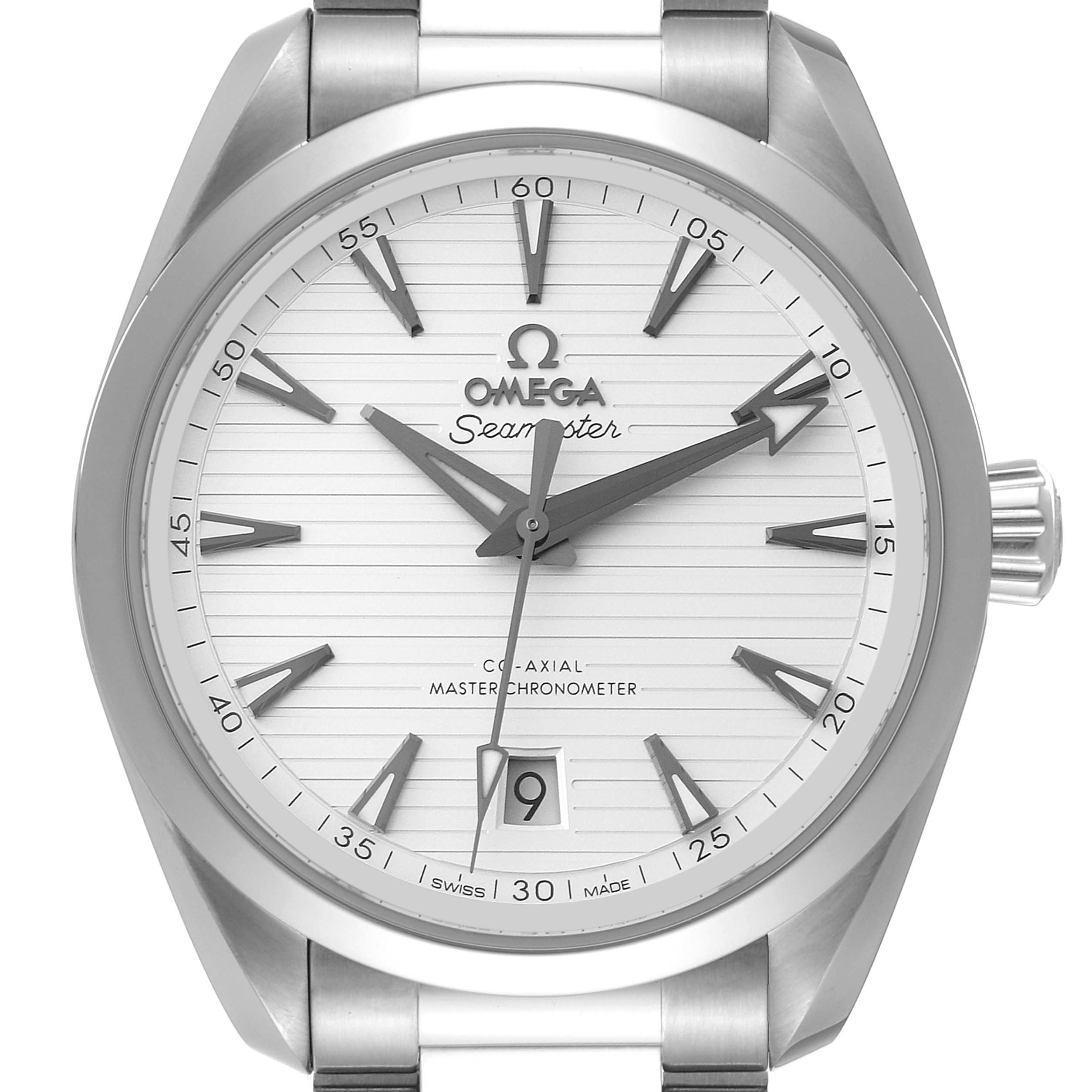 This is a front view of the Omega Aqua Terra 220.10.38.20.02.001 Men
s Stainless Steel Silver Dial 220.10.38.20.02.001 Men
s Stainless Steel Silver Dial watch displaying its round dial, hands, indices, date window, and crown.