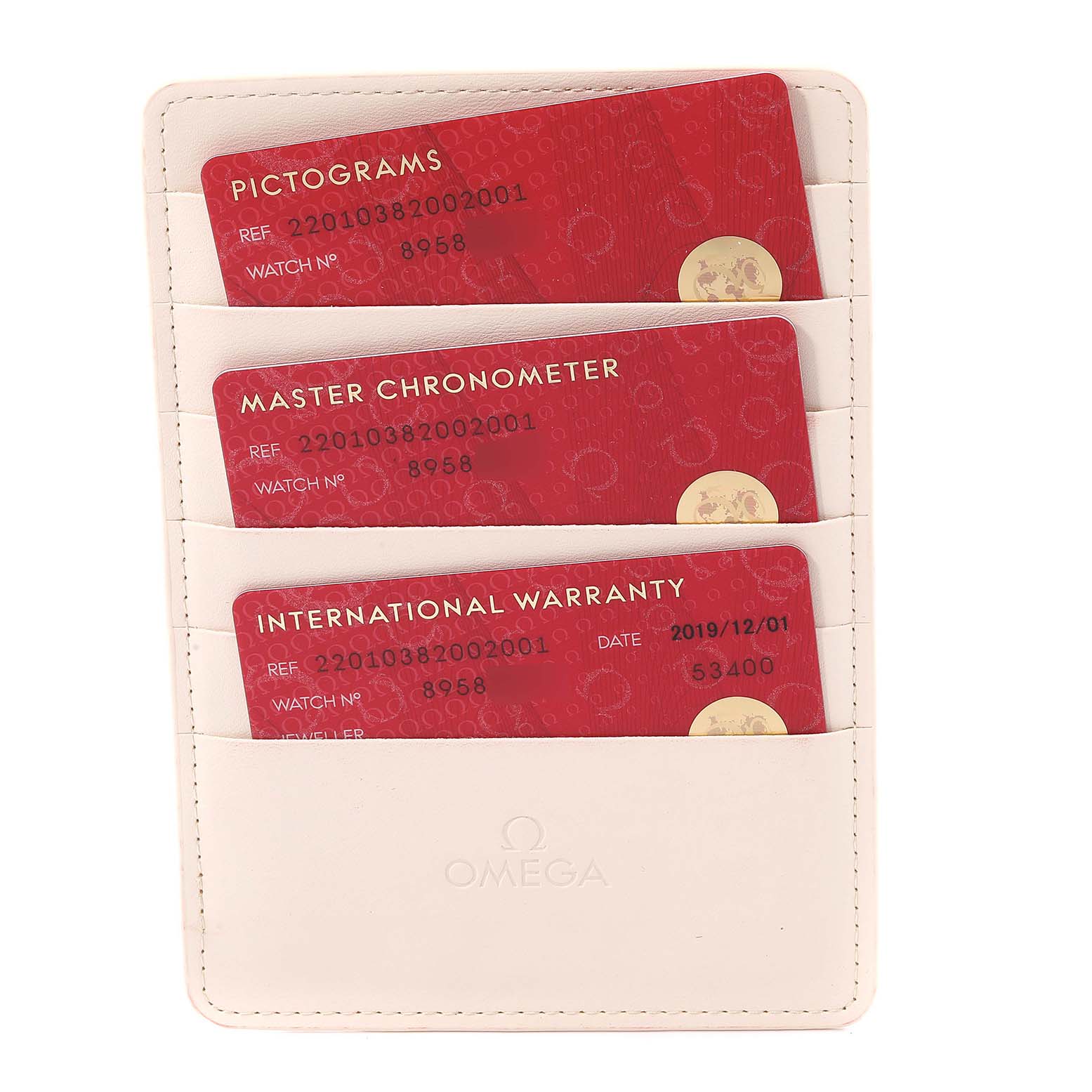 The image shows three red cards (Pictograms, Master Chronometer, International Warranty) in a white Omega case for the Aqua Terra model.