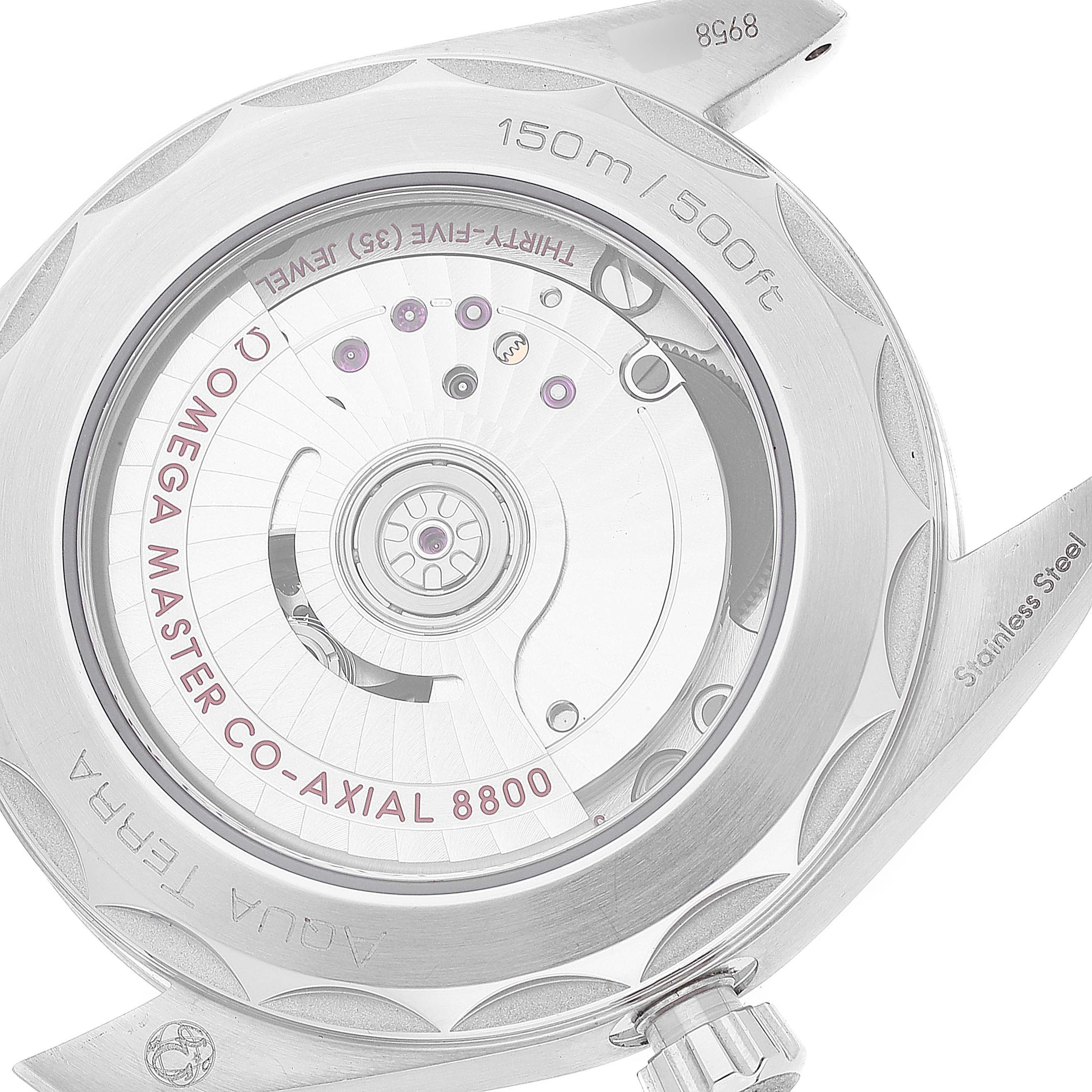 This image shows the back view of the Omega Aqua Terra 220.10.38.20.02.001 Men
s Stainless Steel Silver Dial 220.10.38.20.02.001 Men
s Stainless Steel Silver Dial watch, highlighting the Master Co-Axial 8800 movement.
